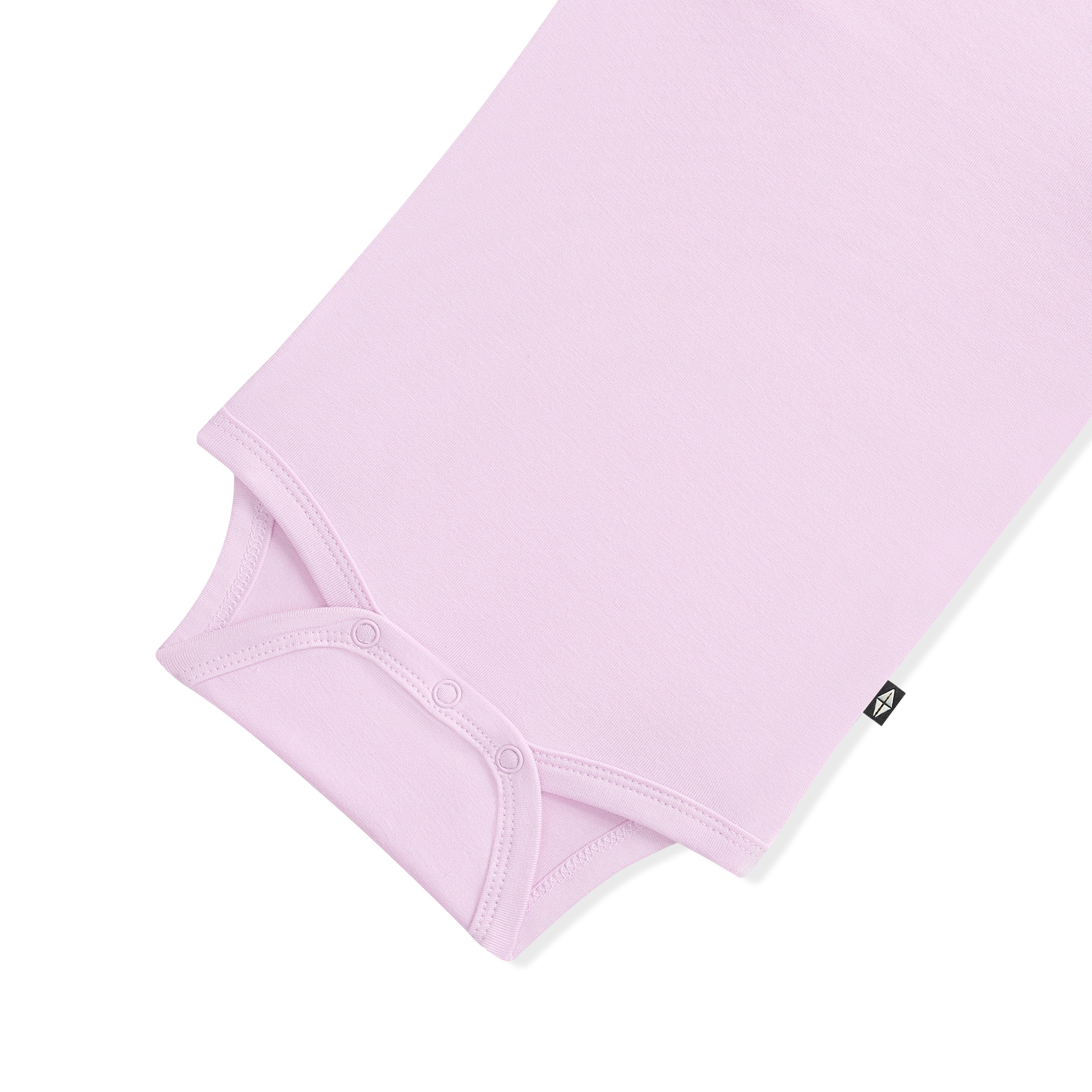 Light purple baby bodysuit with snap closures on a white background