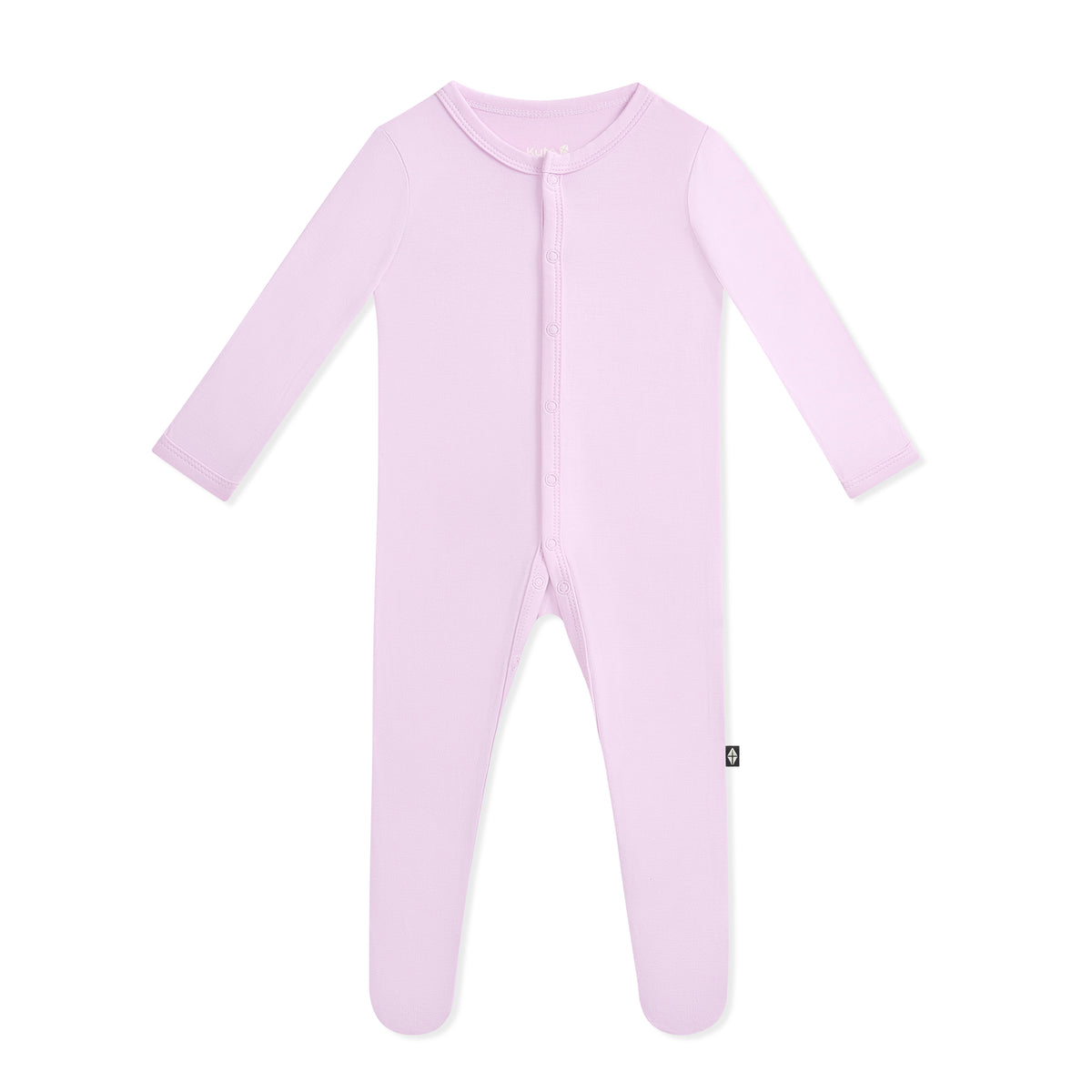 Purple baby footed onesie with snaps on a white background