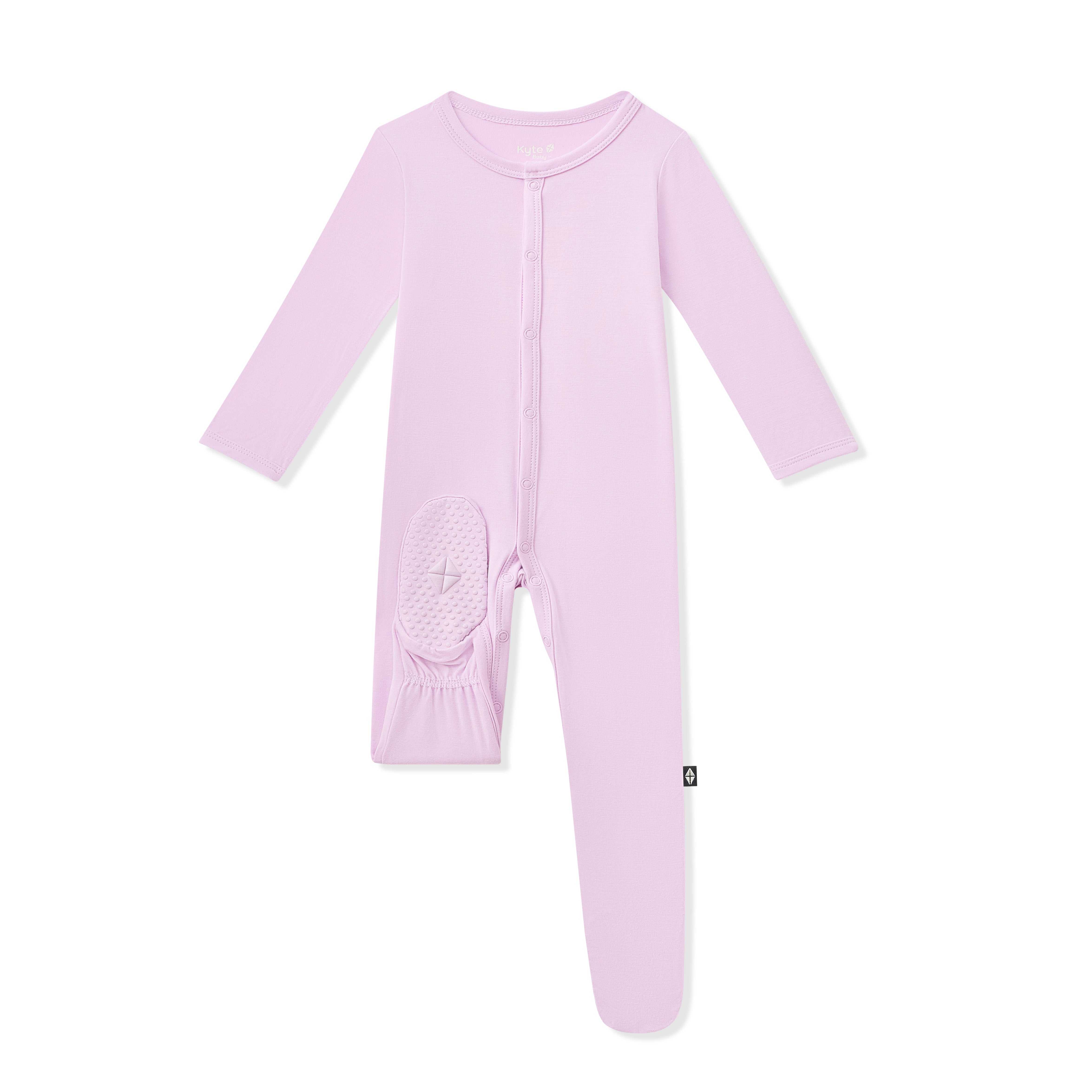 Purple baby footed onesie with sole grips on the foot on a white background