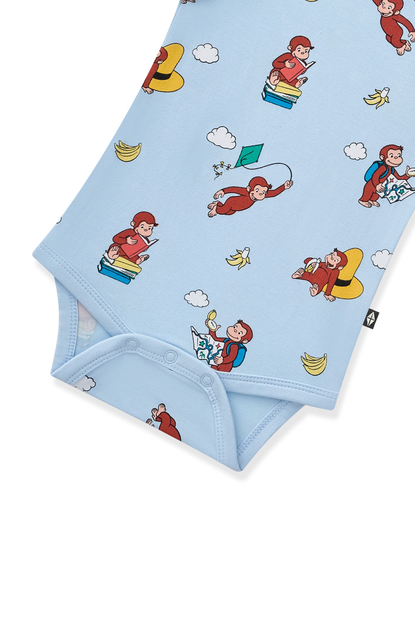 Snap buttons on bottom of Blue Bodysuit in Curious George print on a white background