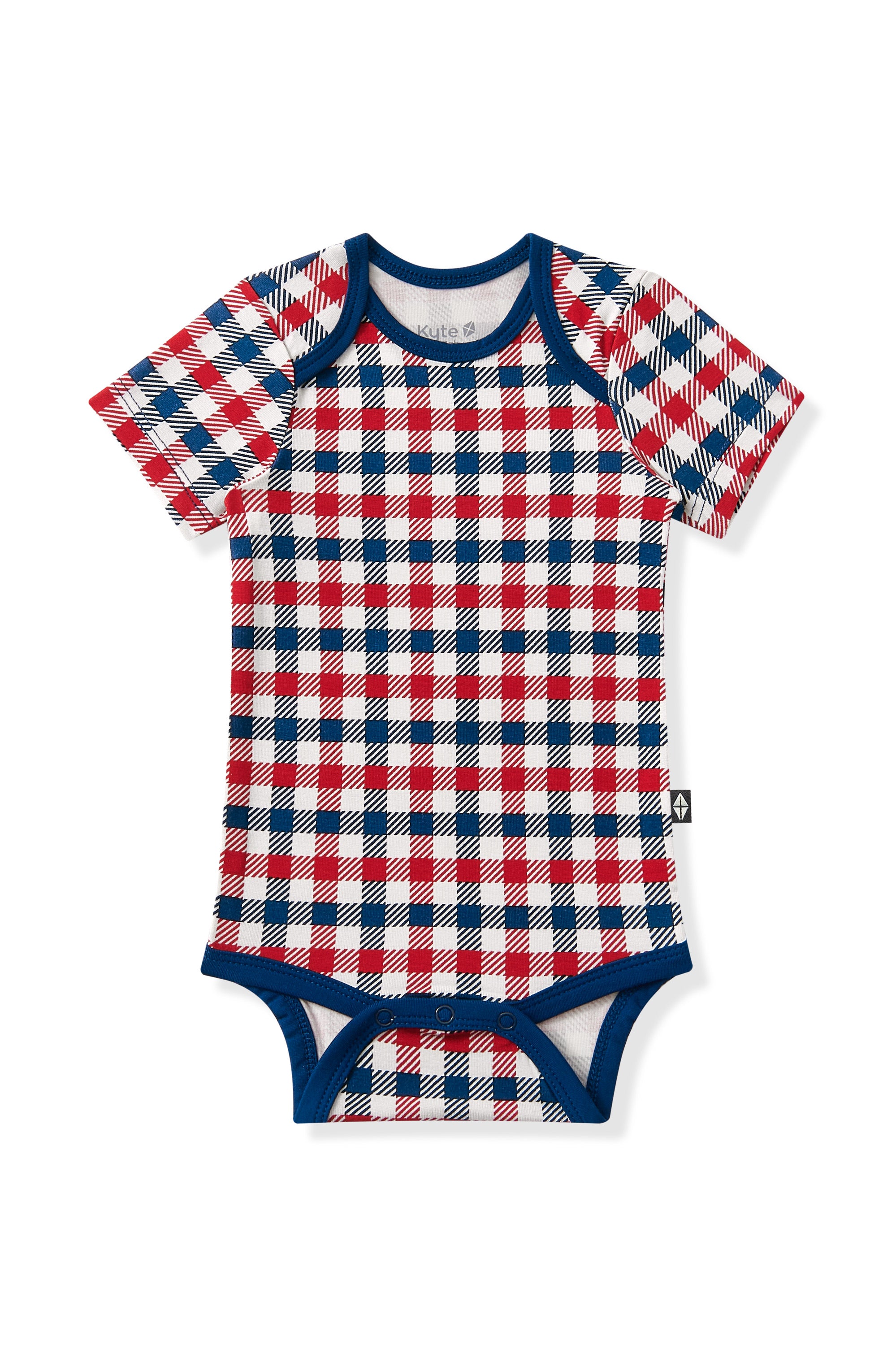 Short sleeve Bodysuit in blue red and white Patriotic Gingham check print on a white background