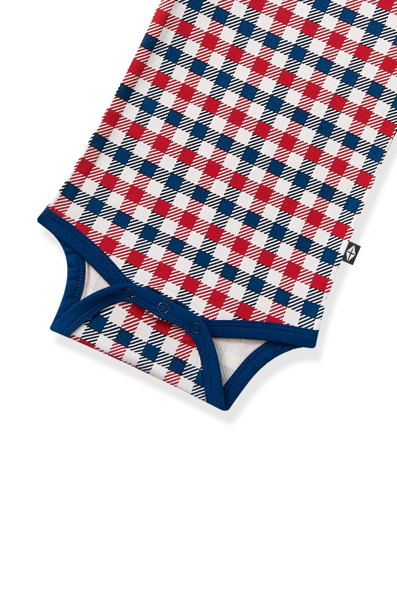 Bottom part of short sleeve Bodysuit in blue red and white patriotic gingham check print with navy blue trim on white background