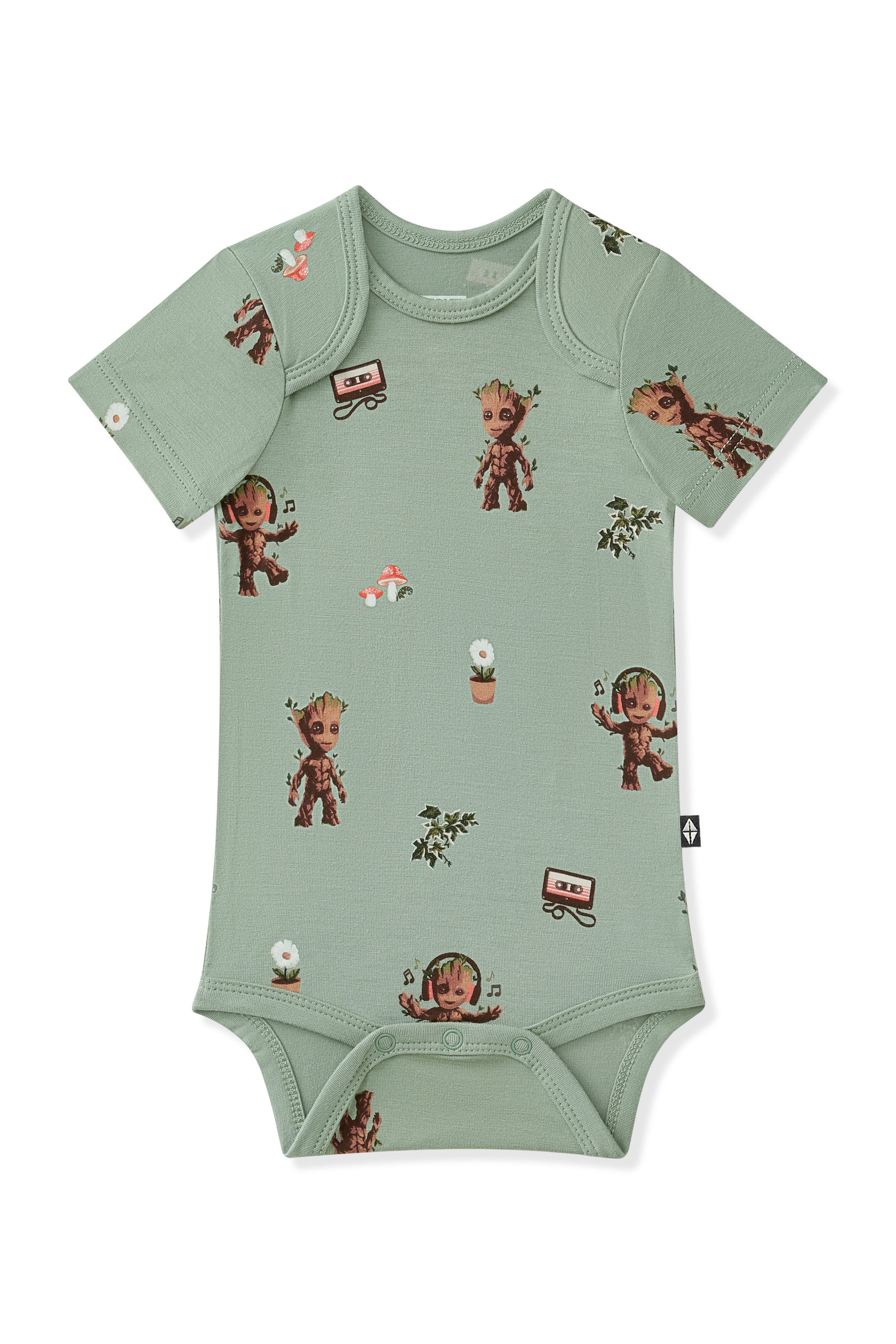 Green Bodysuit with Groot print on white background