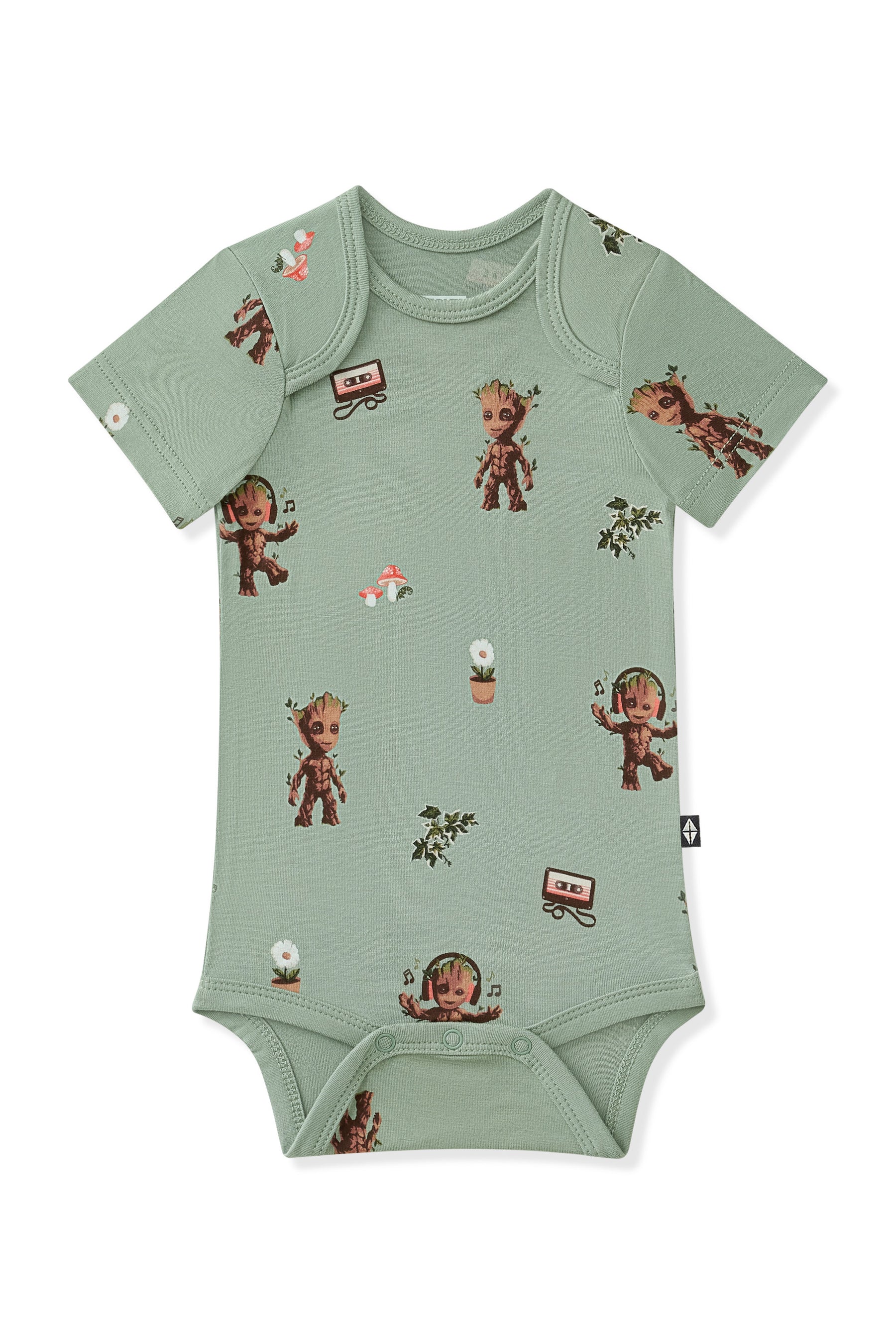 Green Bodysuit with Groot print on white background