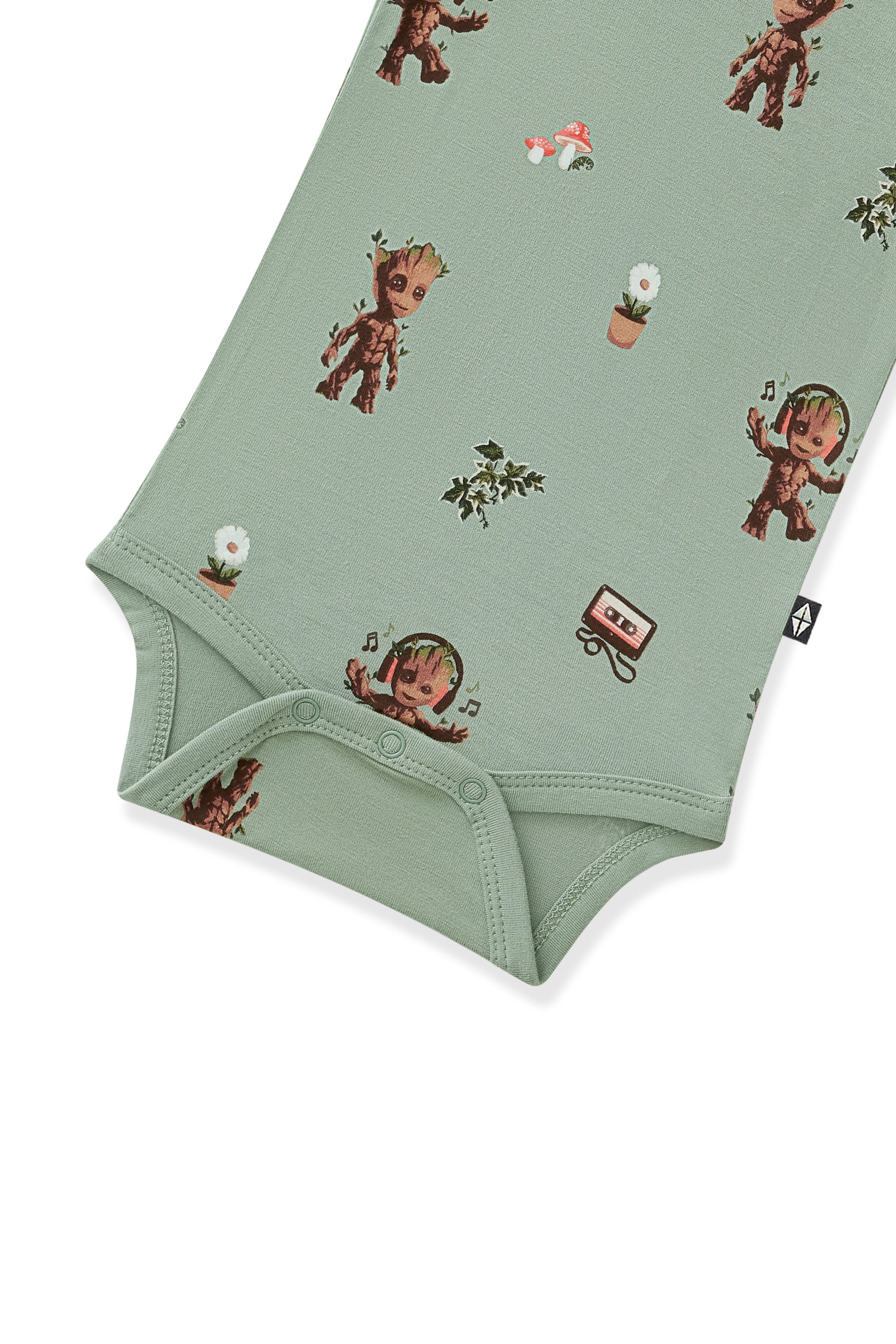 Bottom part snap buttons on Green Bodysuit with Groot print on white background