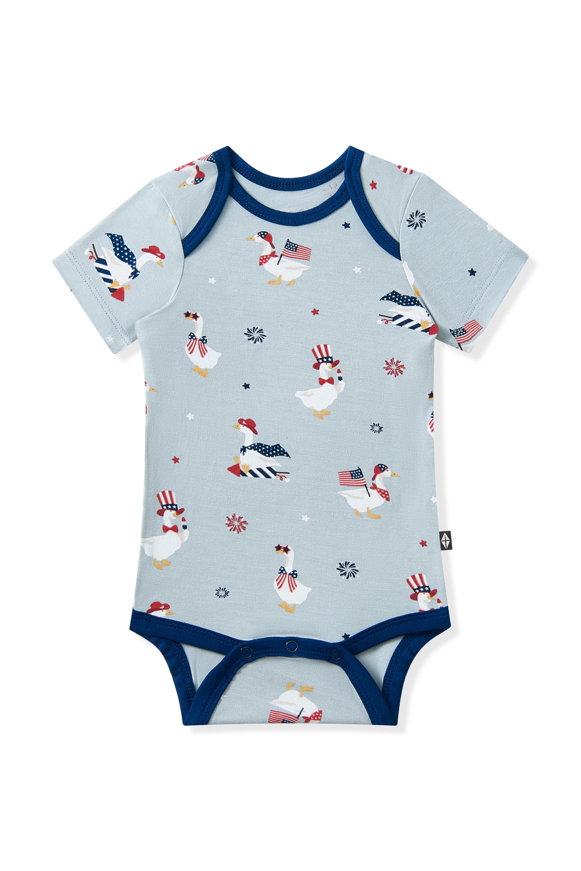 Short sleeve bodysuit in Patriotic Goose print on light blue fabric with navy trim on a white background