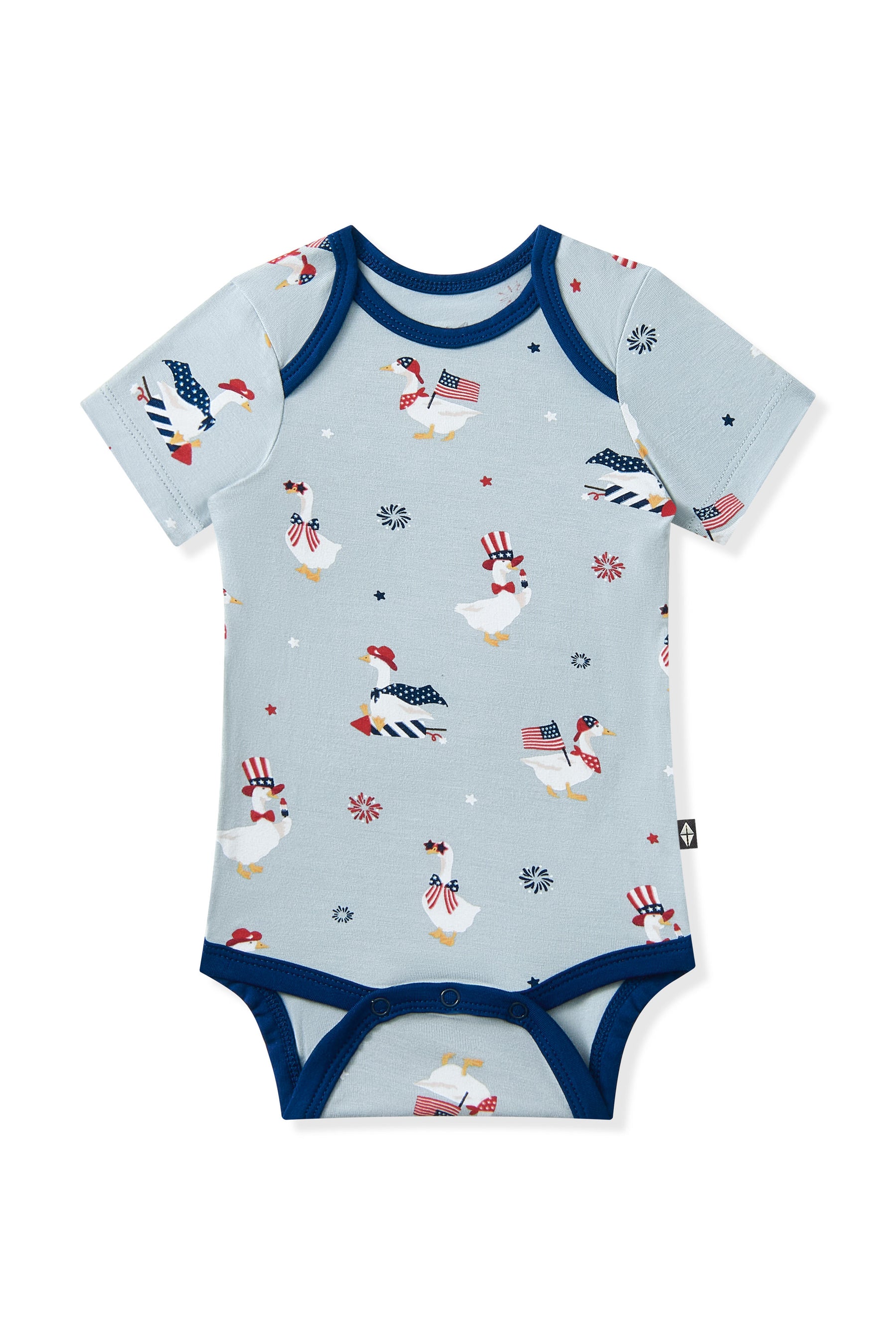 Short sleeve bodysuit in Patriotic Goose print on light blue fabric with navy trim on a white background