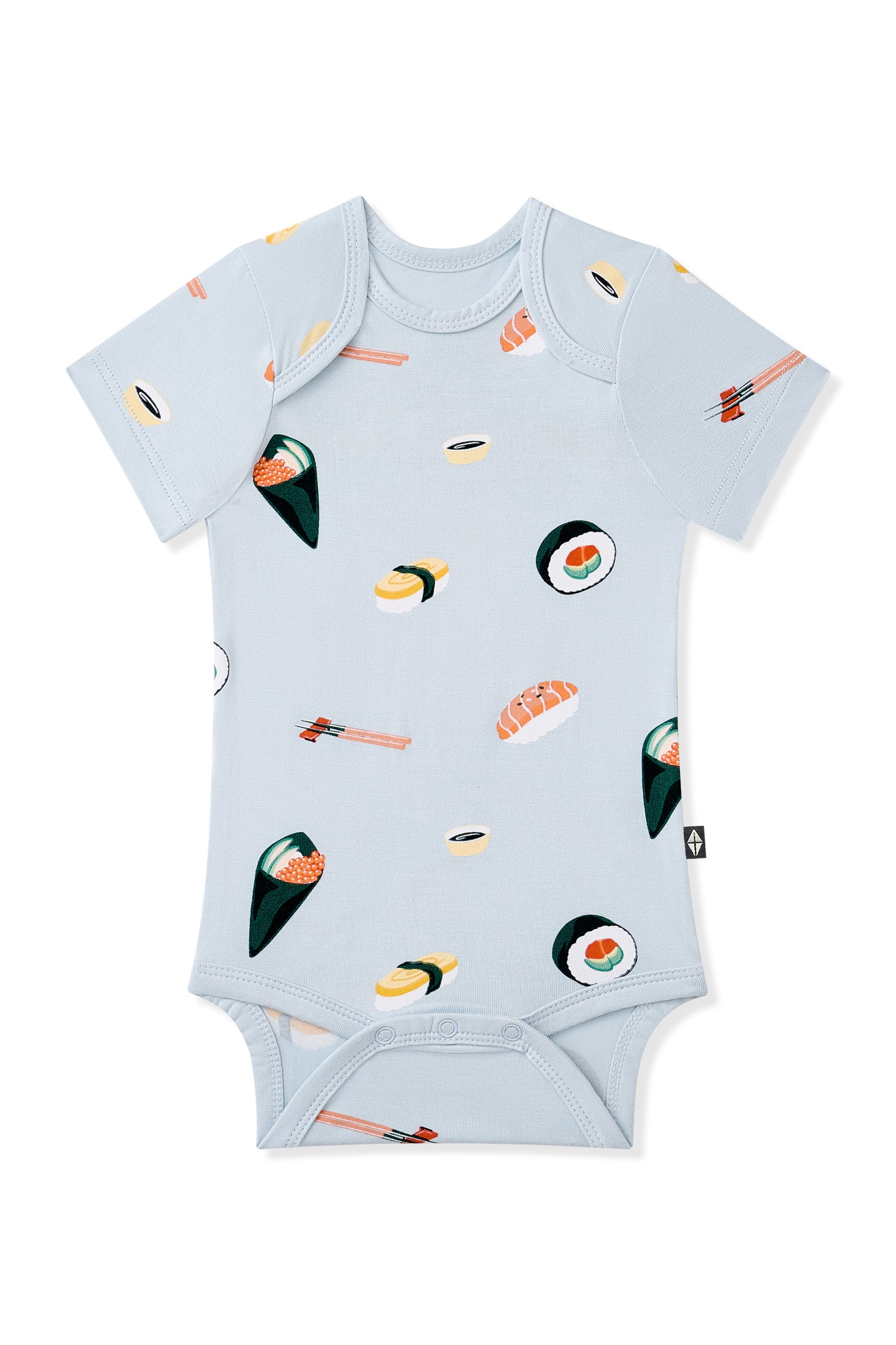 Baby onesie with sushi pattern on a light blue background