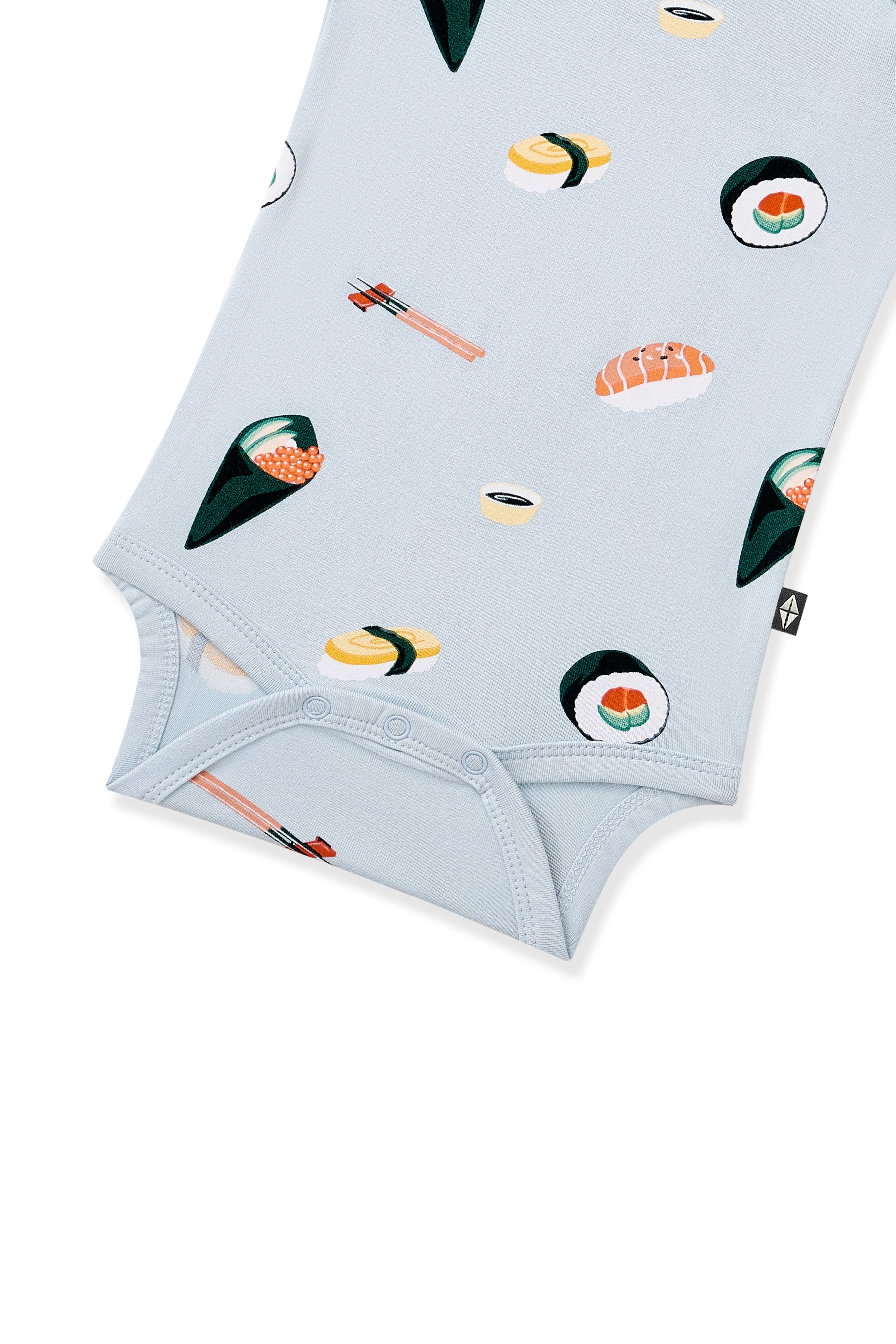 Blue bodysuit with sushi pattern and snap closure on a white background