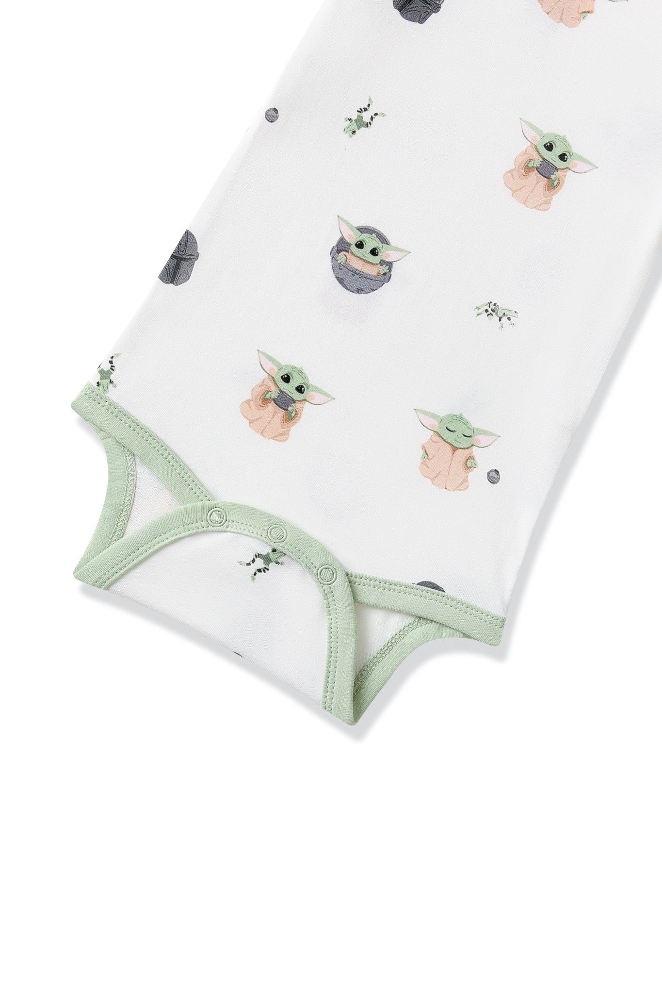 Close up of the snap closure and light green trim on the Bodysuit in Grogu™
