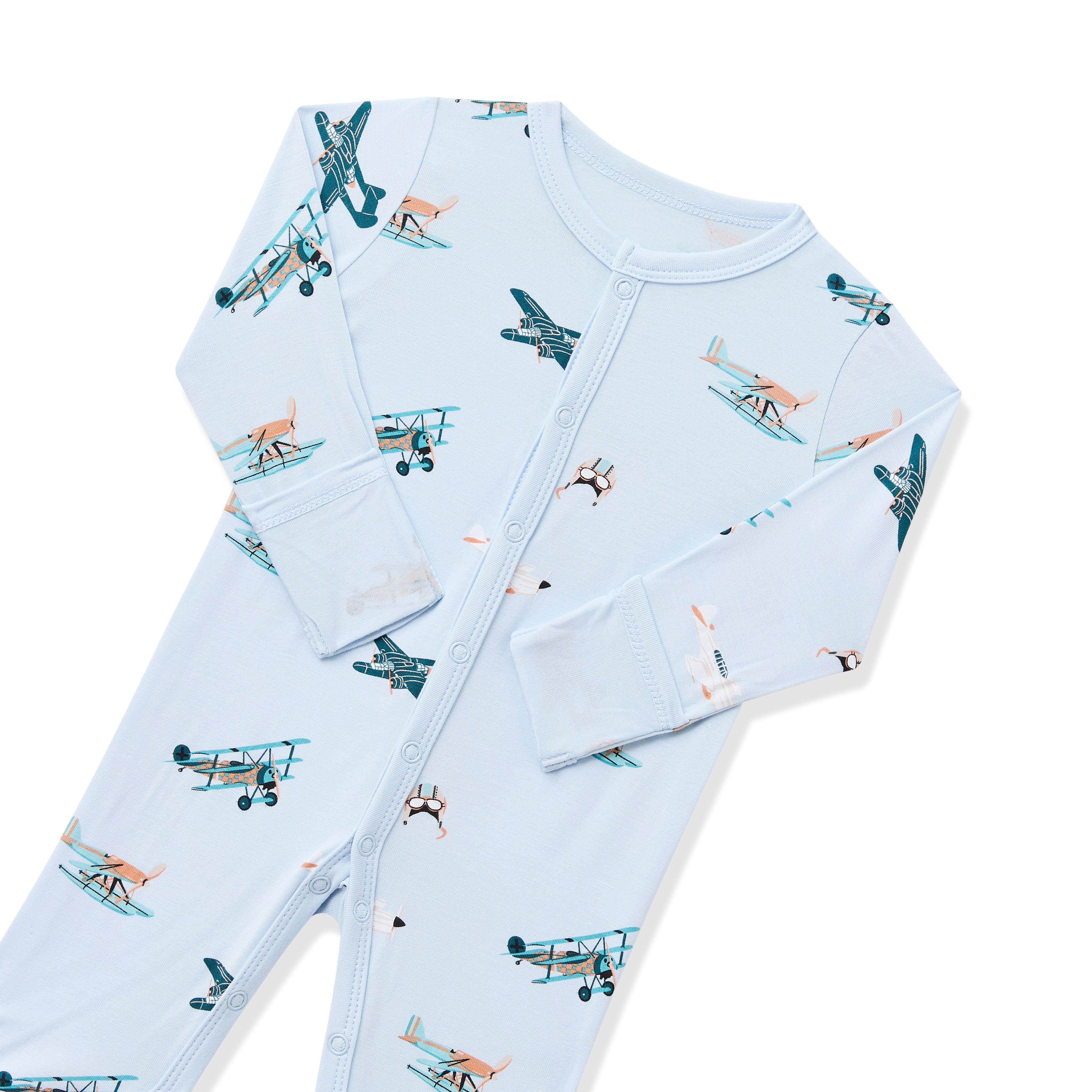 Close up of the snap closure and fold over hand cuffs on the Romper in Take Off