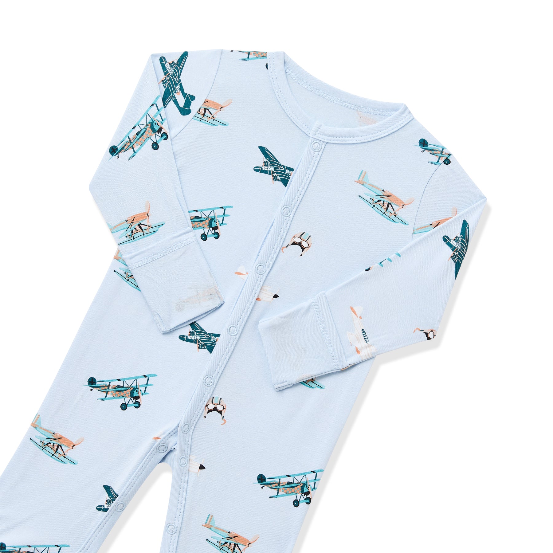 Close up of the snap closure and fold over hand cuffs on the Romper in Take Off