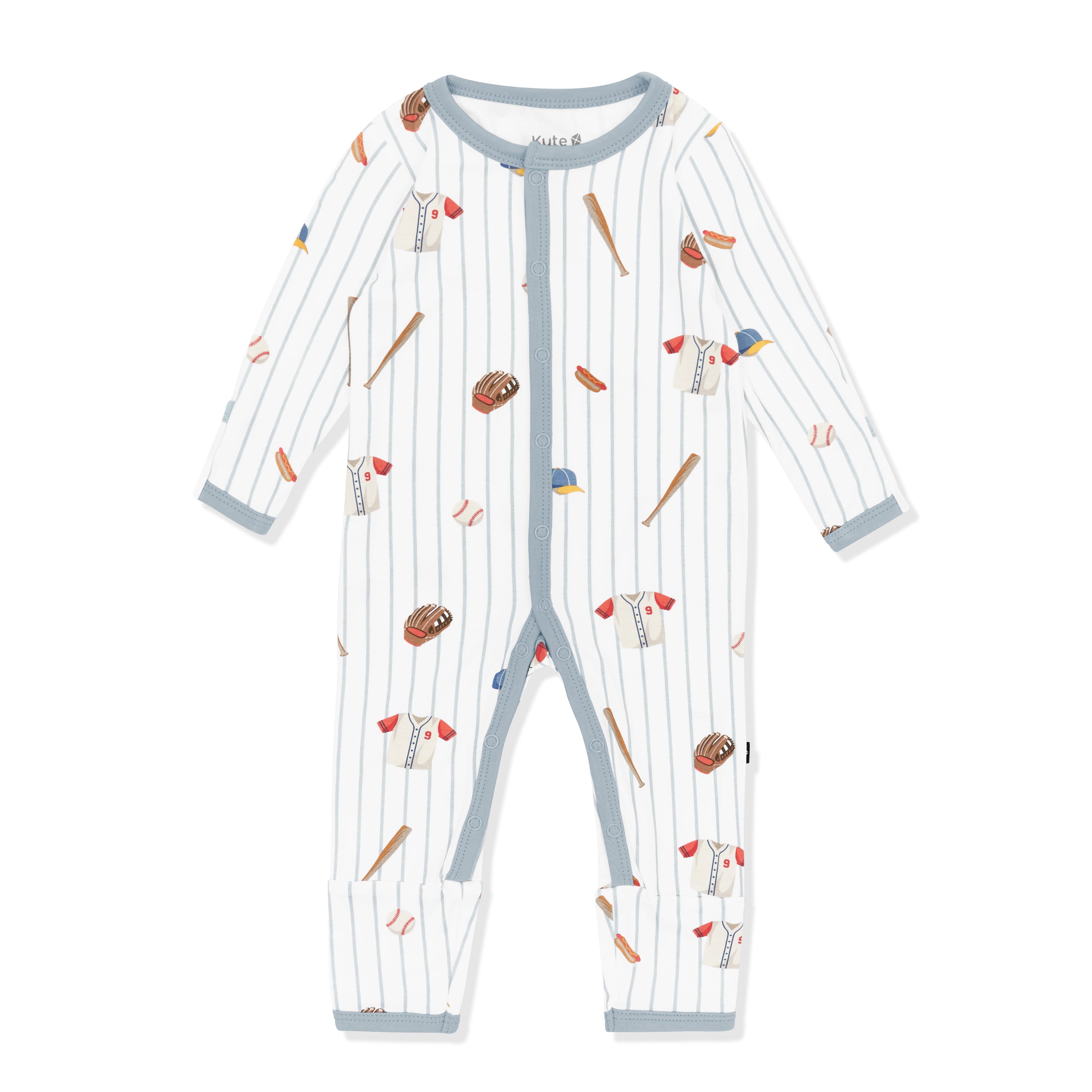 Romper in Home Run with the muted blue trim laying on a white surface