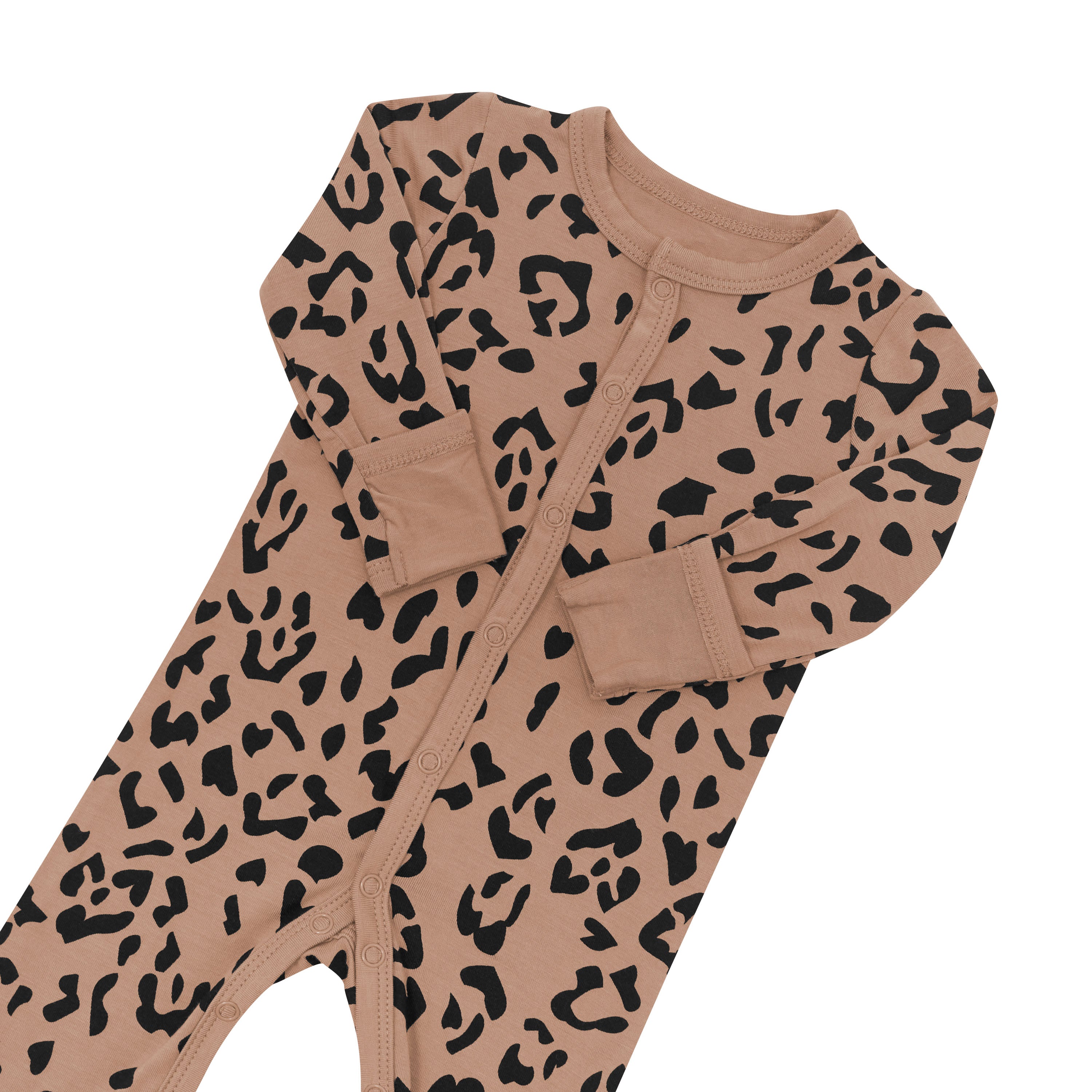 Snap closures and fold over hand cuffs on Romper in Latte Leopard