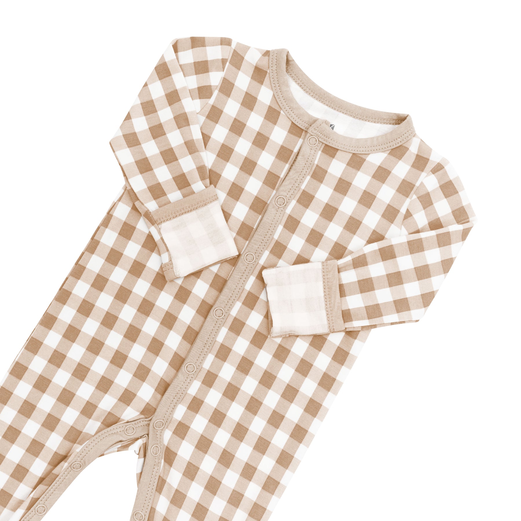 Snap closure and fold over hand cuffs shown on the Romper in Gingham Bisque