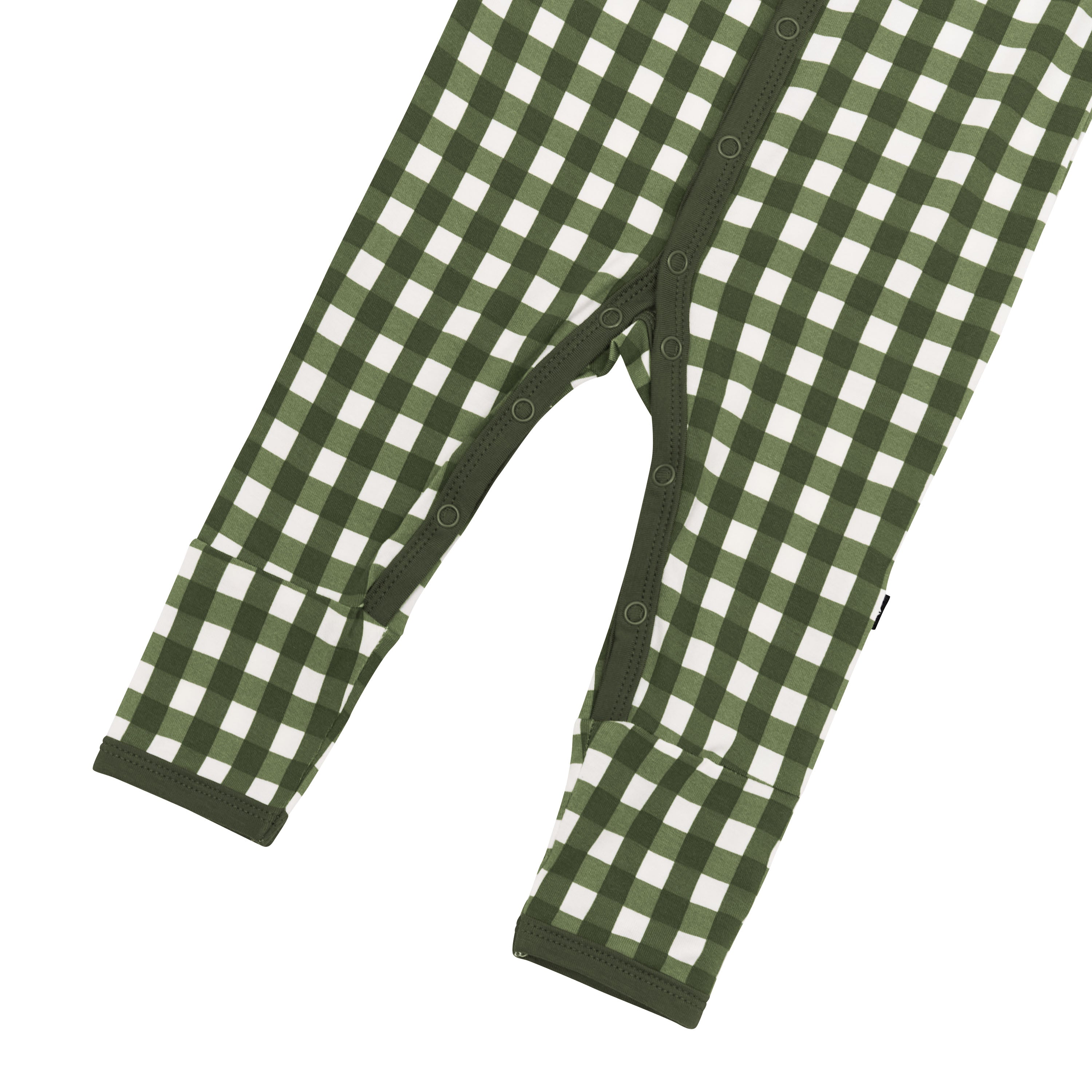 Snap closures shown on the legs of the Romper in Gingham Fir