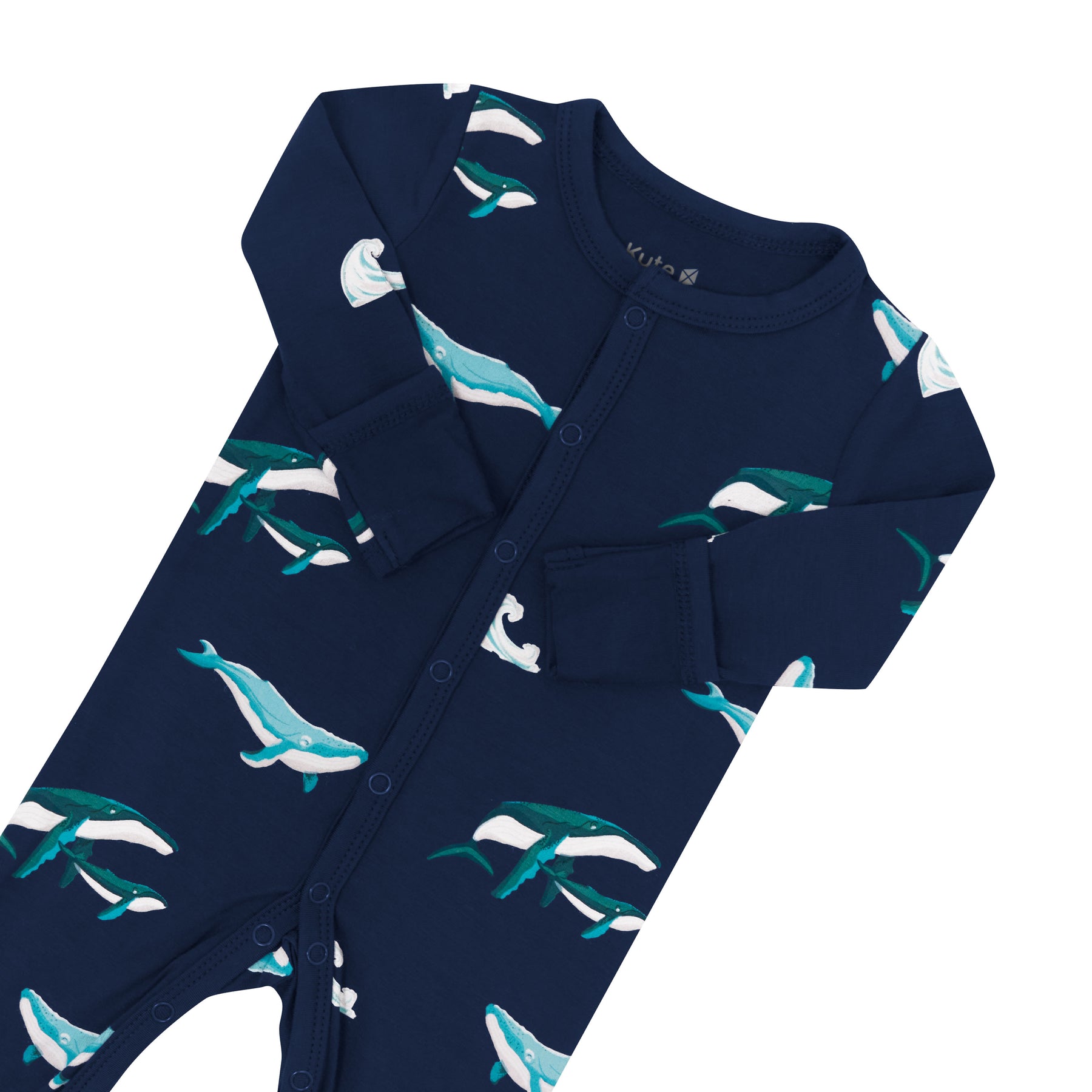 Romper in Humpback showing foldable mittens and snaps