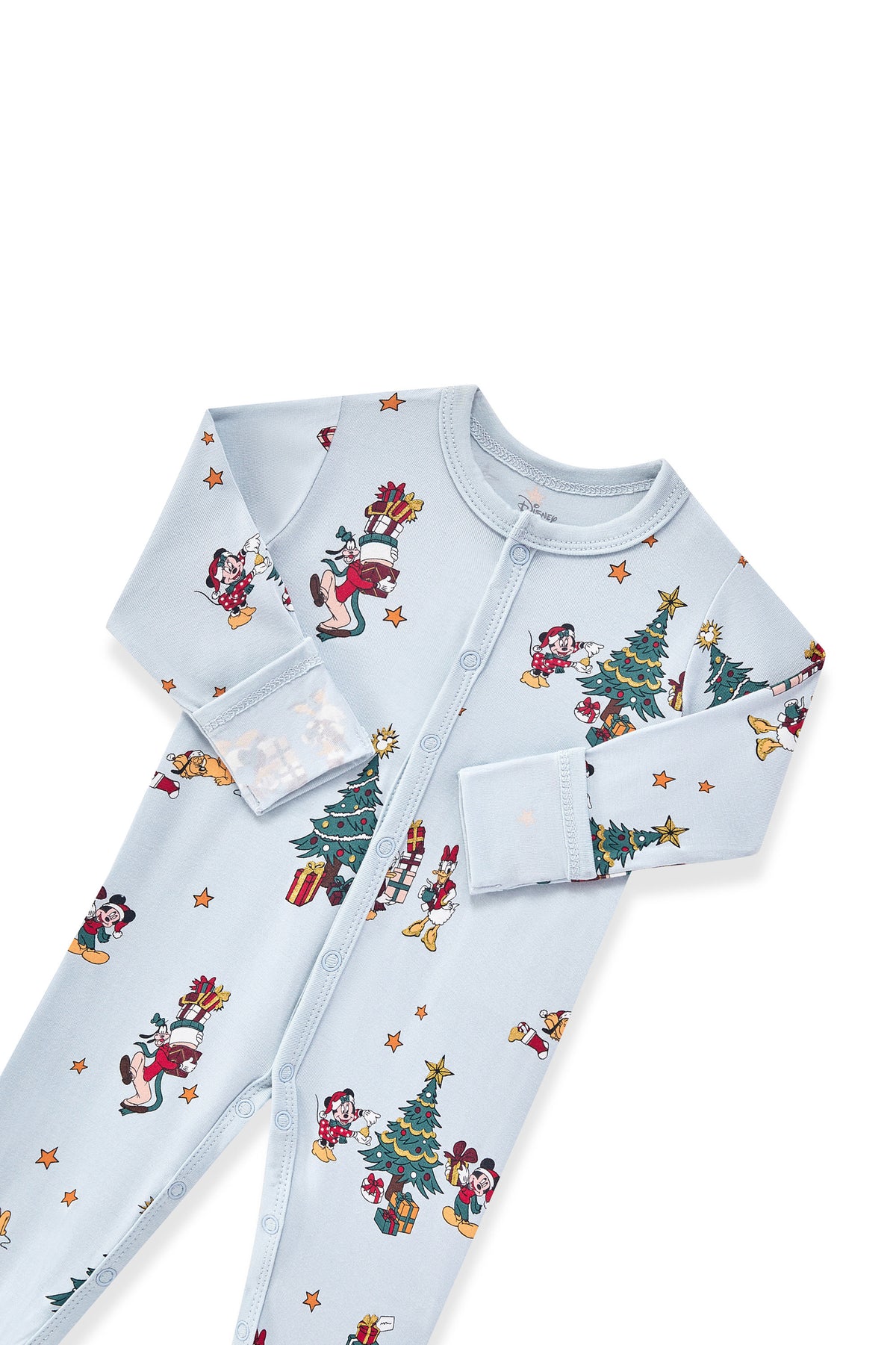 Romper in Mickey & Friends Christmas print with snap buttons on a white background