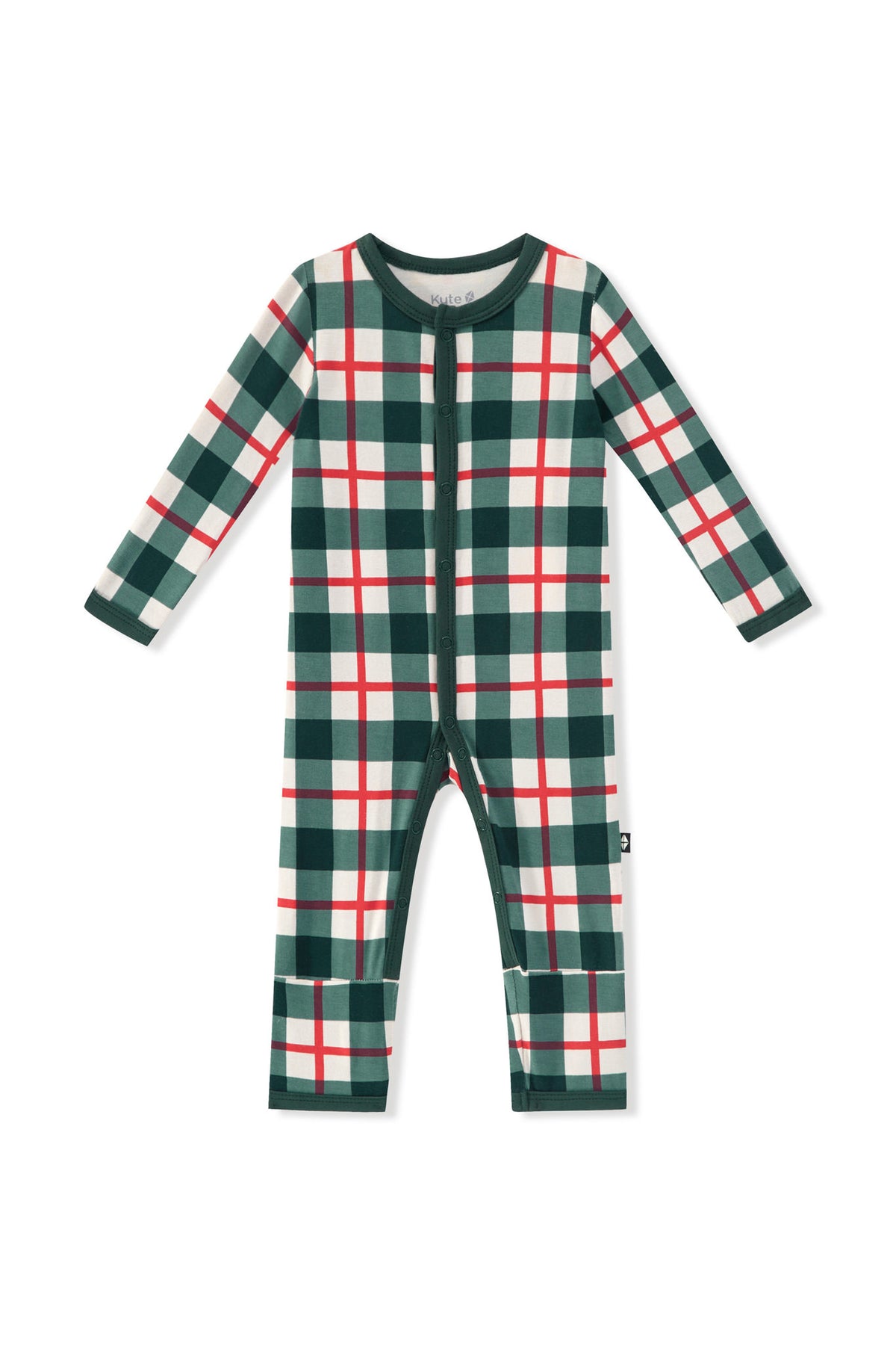 A long-sleeve baby footless one-piece romper featuring a green, white, and red plaid pattern, displayed flat against a white background.