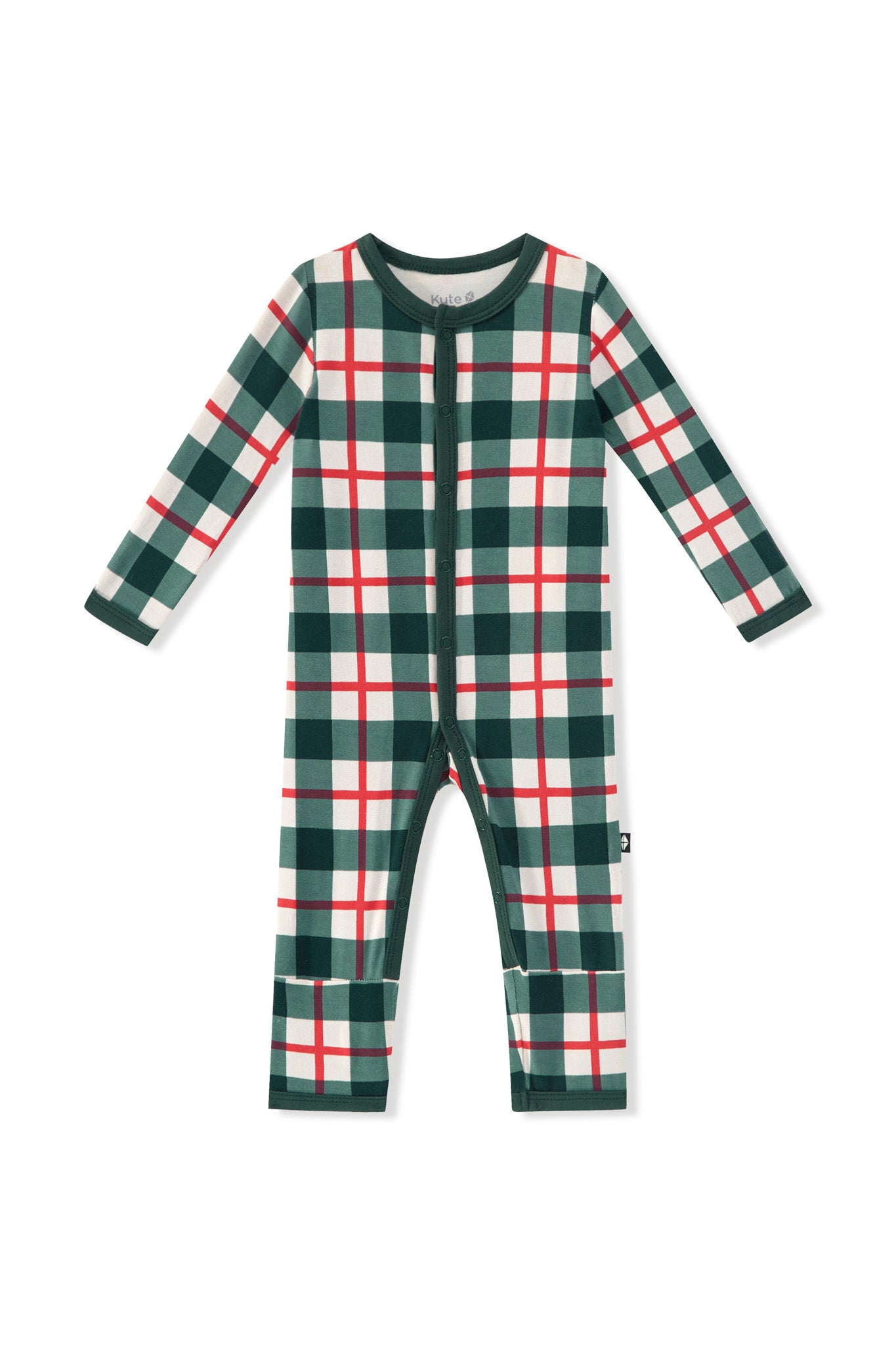 A long-sleeve baby footless one-piece romper featuring a green, white, and red plaid pattern, displayed flat against a white background.