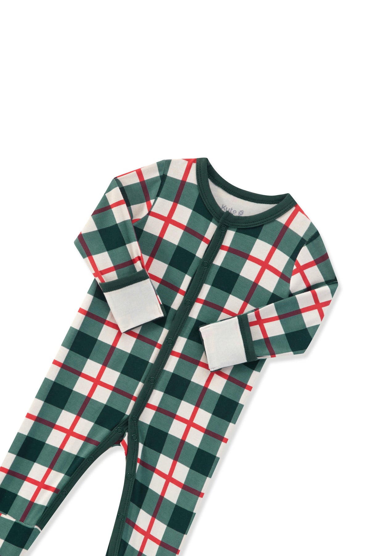 A baby long-sleeve footless one-piece pajama with a green, white, and red plaid pattern, featuring a green collar and white cuff tabs on the sleeves, laid flat on a white background.
