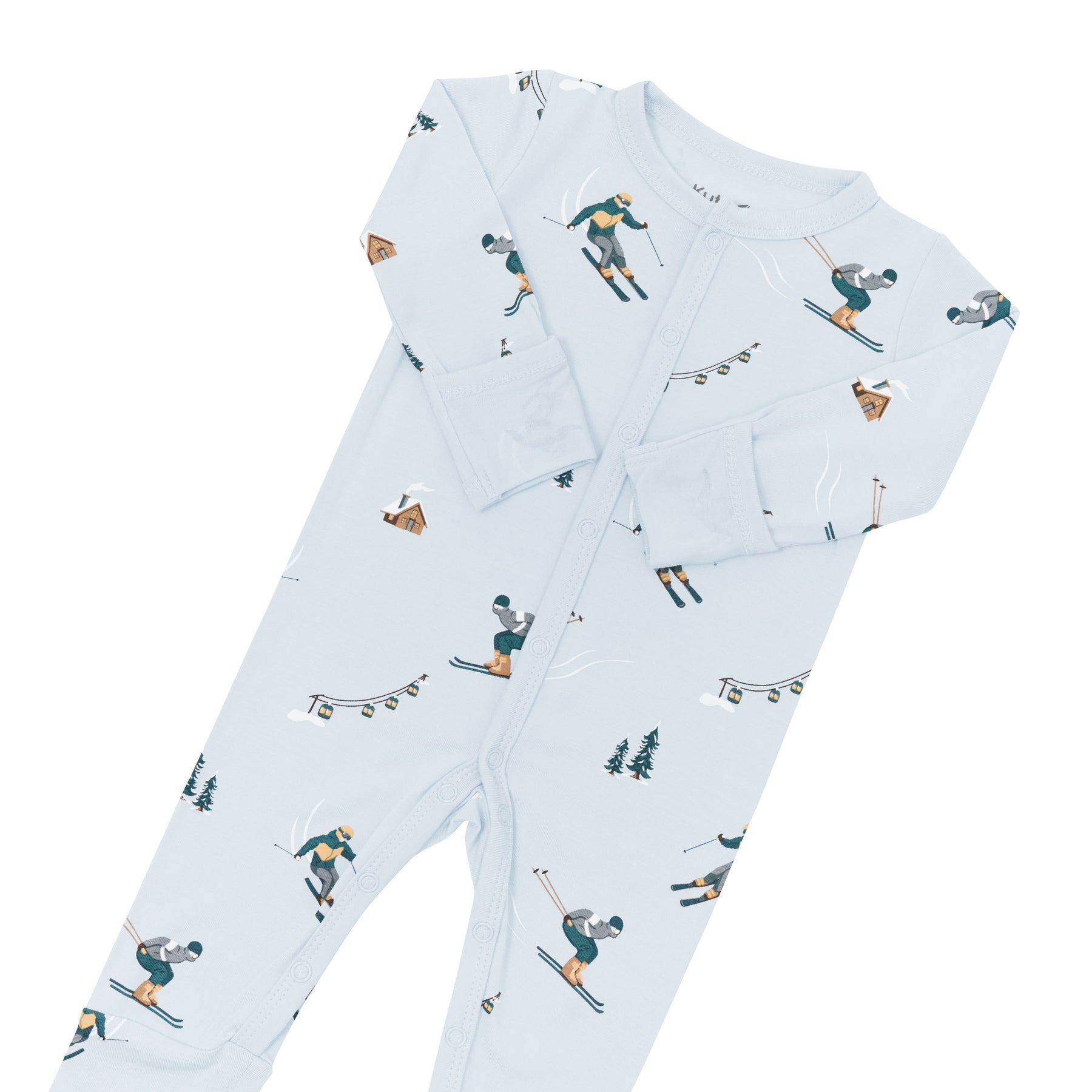 The snap closures and fold over hand cuffs shown on the Romper in Ski