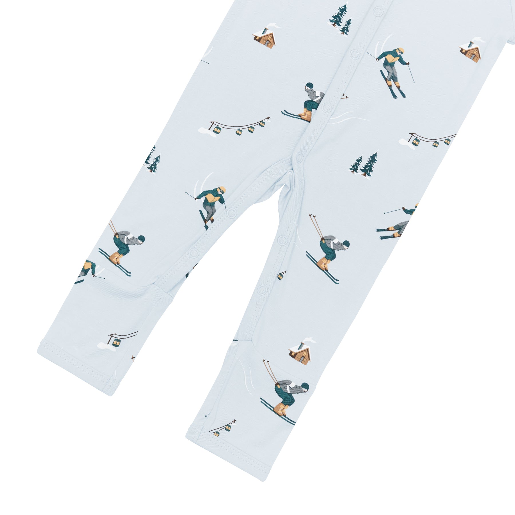 The snap closures on the legs and the ankle cuffs shown on the Romper in Ski