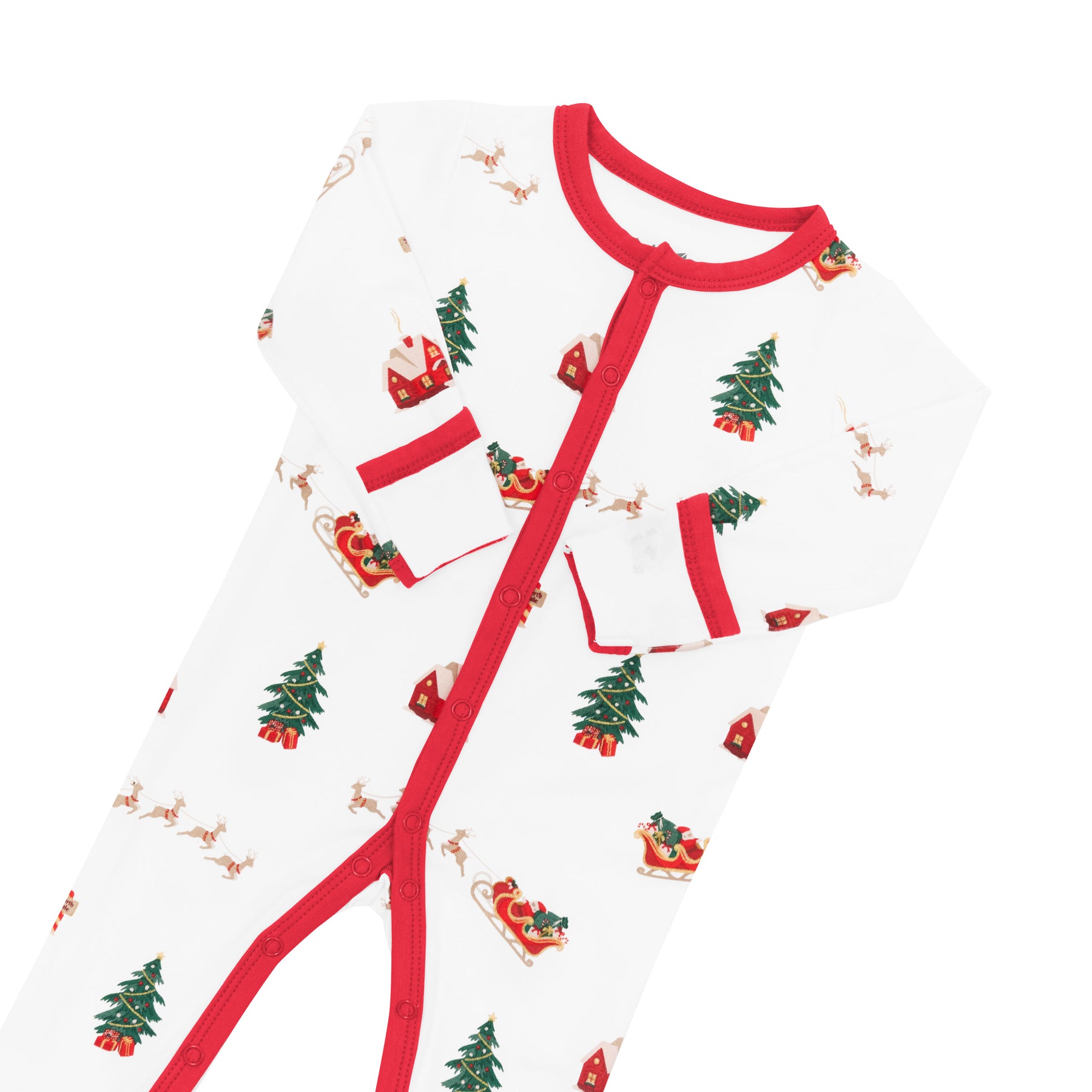 Snap closure and fold over hand cuffs shown on the Romper in Santa Sleigh