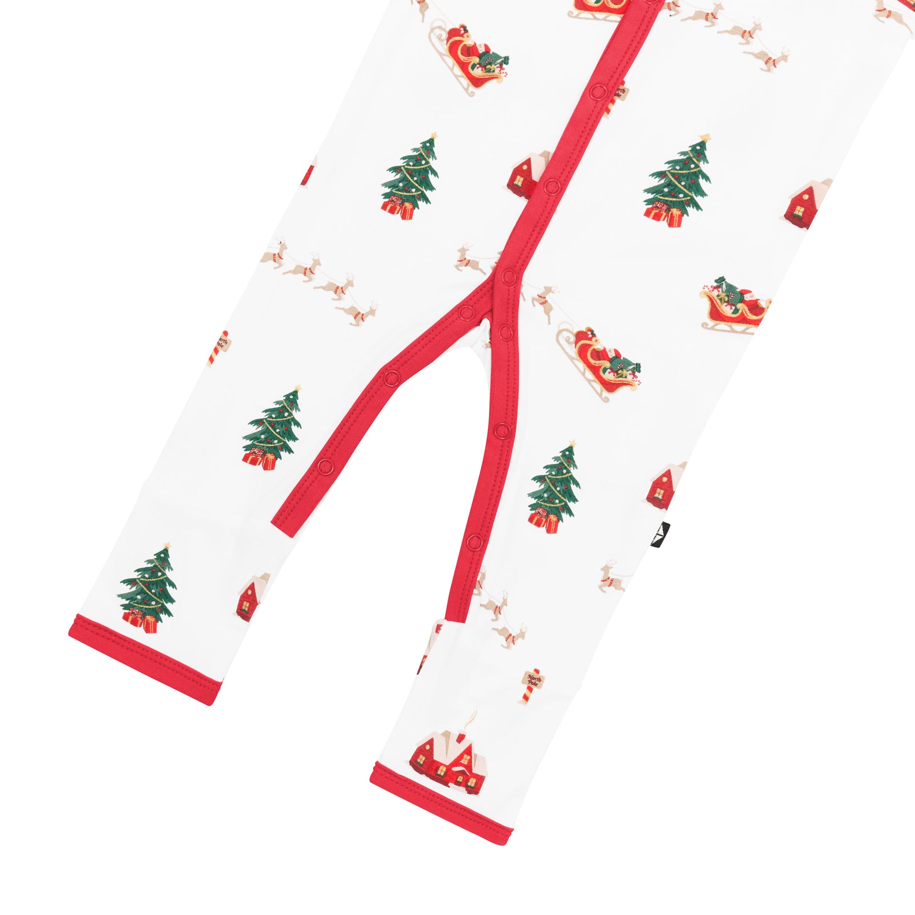 Snap closure shown on the legs of the Romper in Santa Sleigh