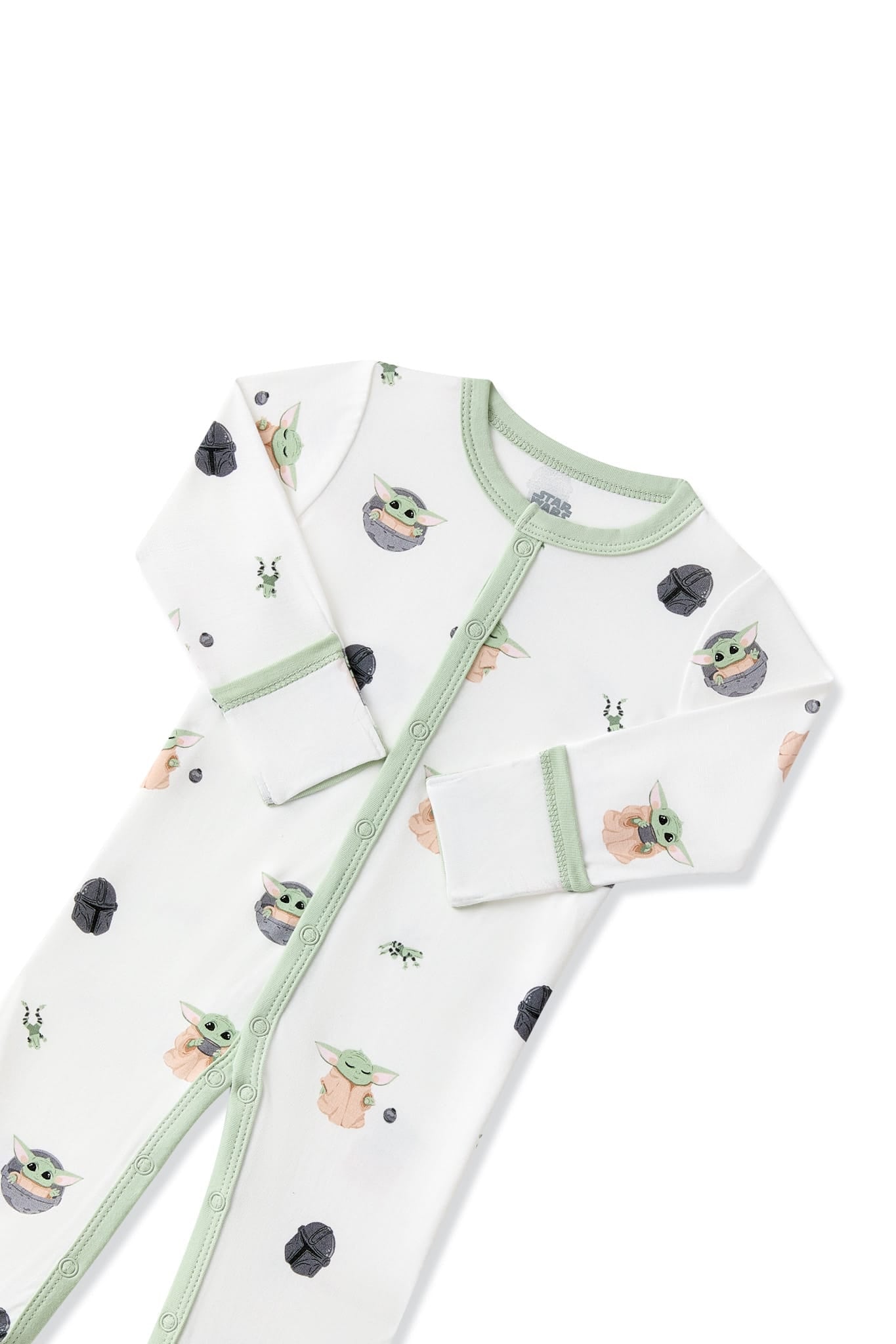 Close up of the button closure and fold over hand cuffs on the Romper in Grogu™