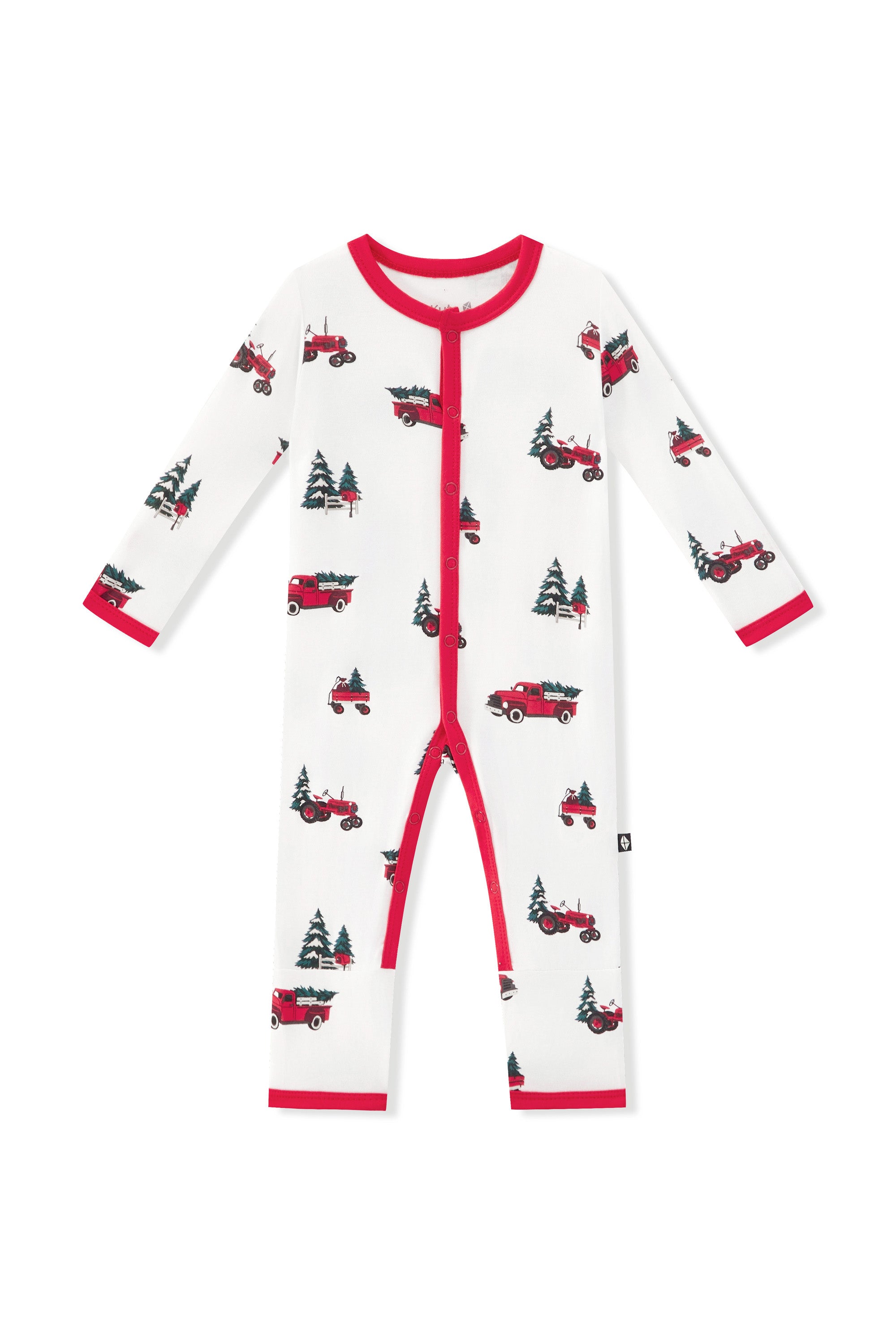 A long-sleeve baby footless one-piece pajama with a red zipper, featuring a white background with a red truck and Christmas tree pattern, finished with red trim on the collar, cuffs, and leg openings.
