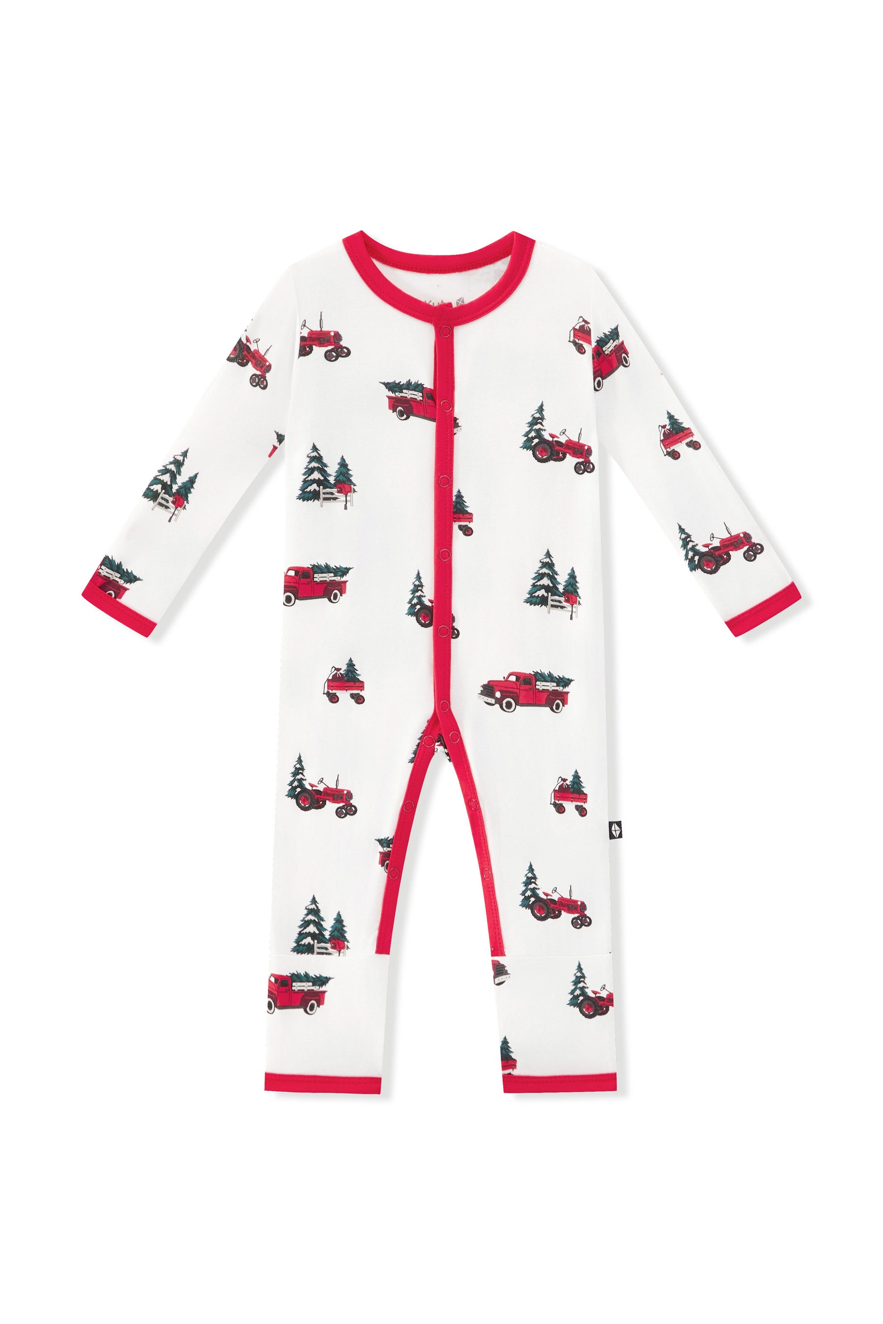 A long-sleeve baby footless one-piece pajama with a red zipper, featuring a white background with a red truck and Christmas tree pattern, finished with red trim on the collar, cuffs, and leg openings.