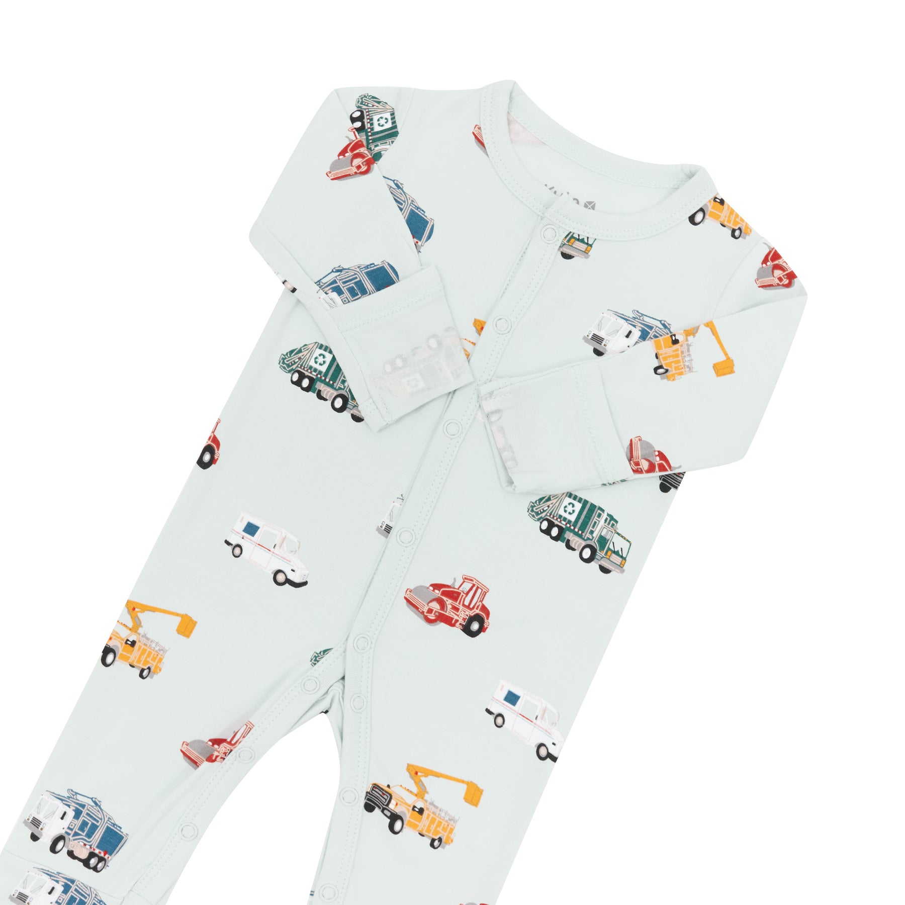 Close up of the snap closures and fold over hand cuffs on the Romper in City Vehicles