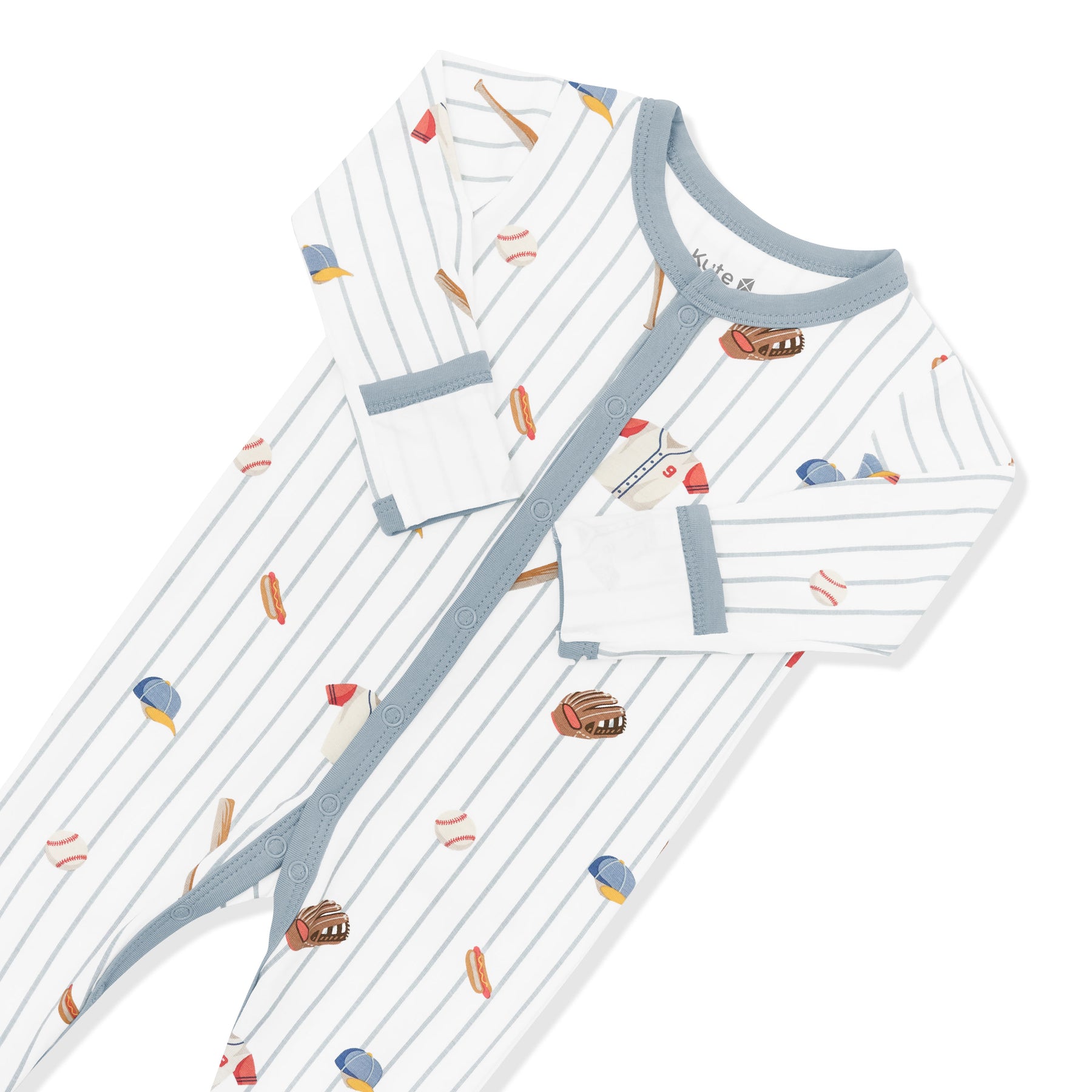 Close up of the snap muted blue trim and fold over hand cuffs on the Footie in Home Run