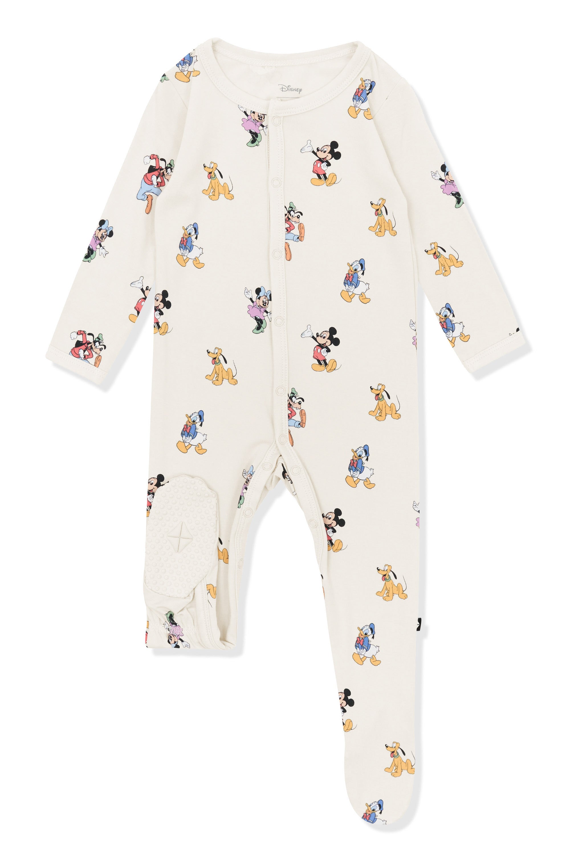 Bottom part of footie in mickey mouse and friends print on an oat background