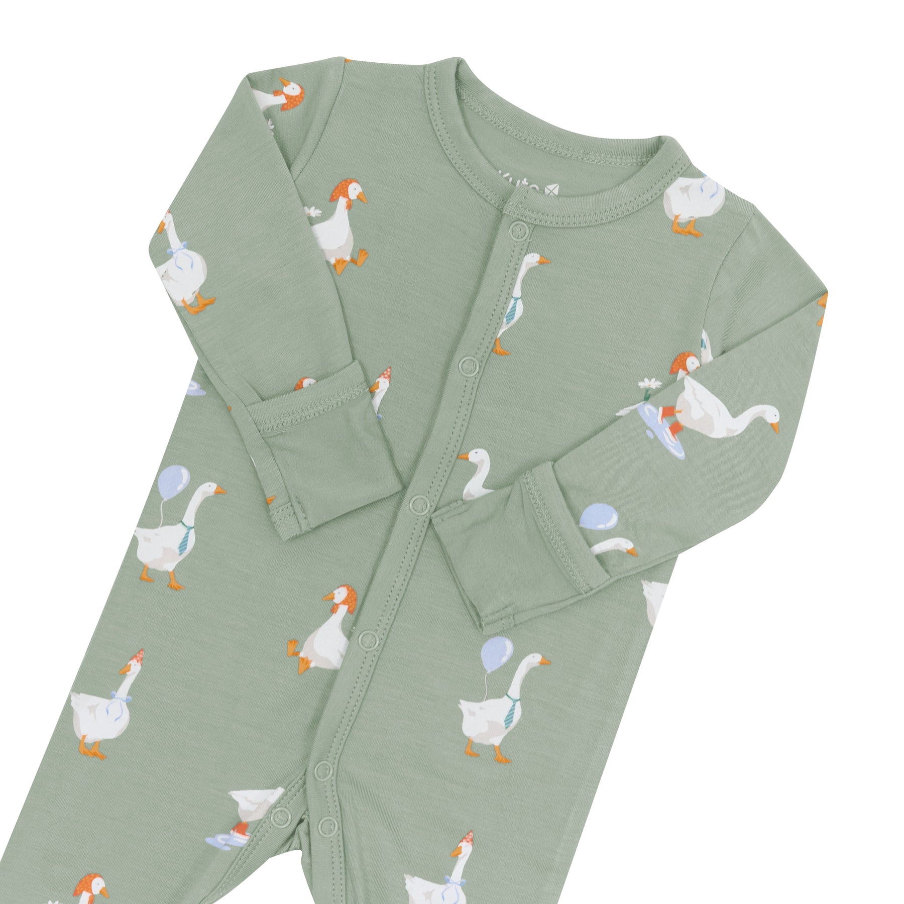 Close up of the snap closures and fold over hand cuffs on the Footie in Silly Goose