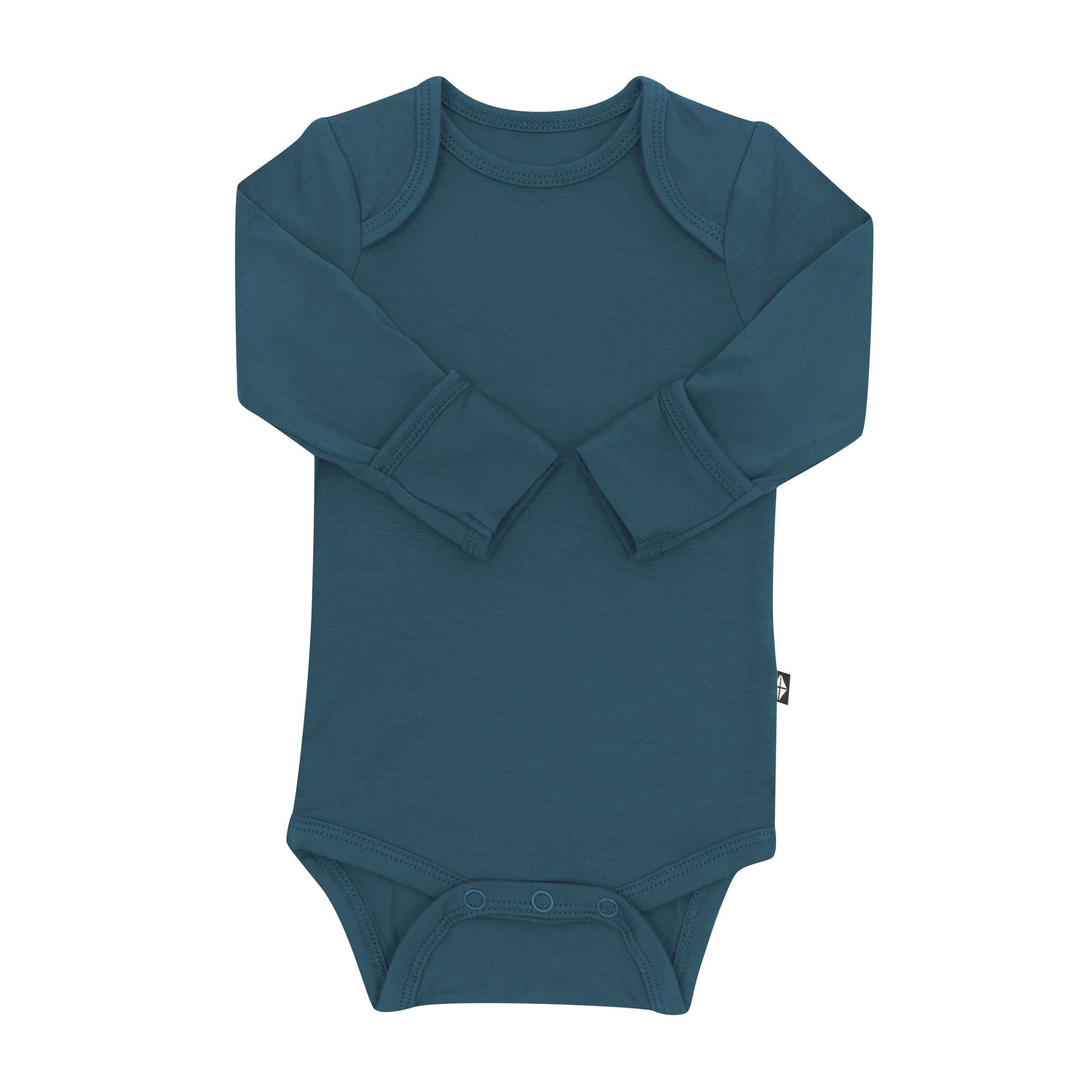 Long Sleeve Bodysuit in Atlantic arms folded inwards showing the fold over hand cuffs 
