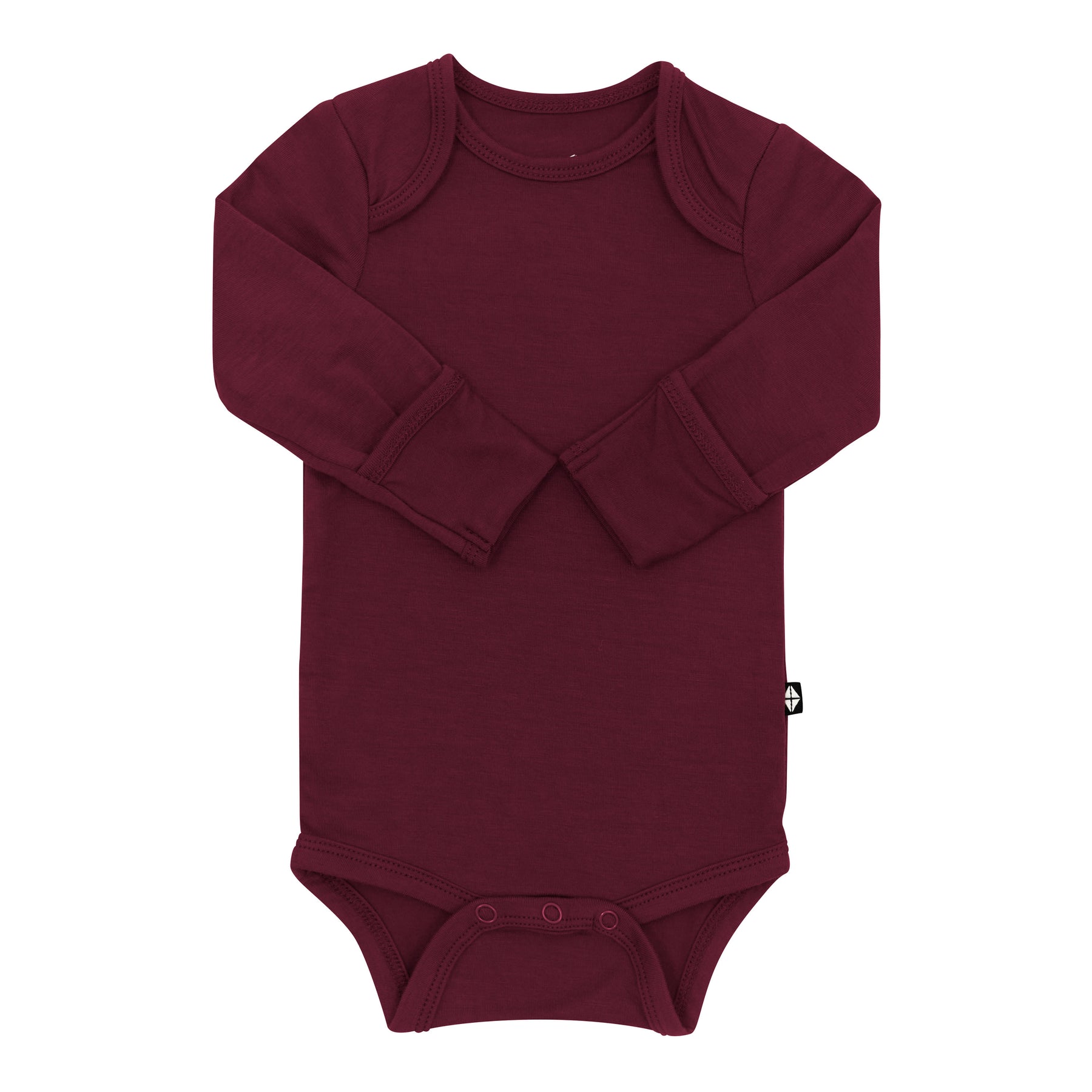 Arms of the Long Sleeve Bodysuit in Burgundy folded inward showing the fold over hand cuffs