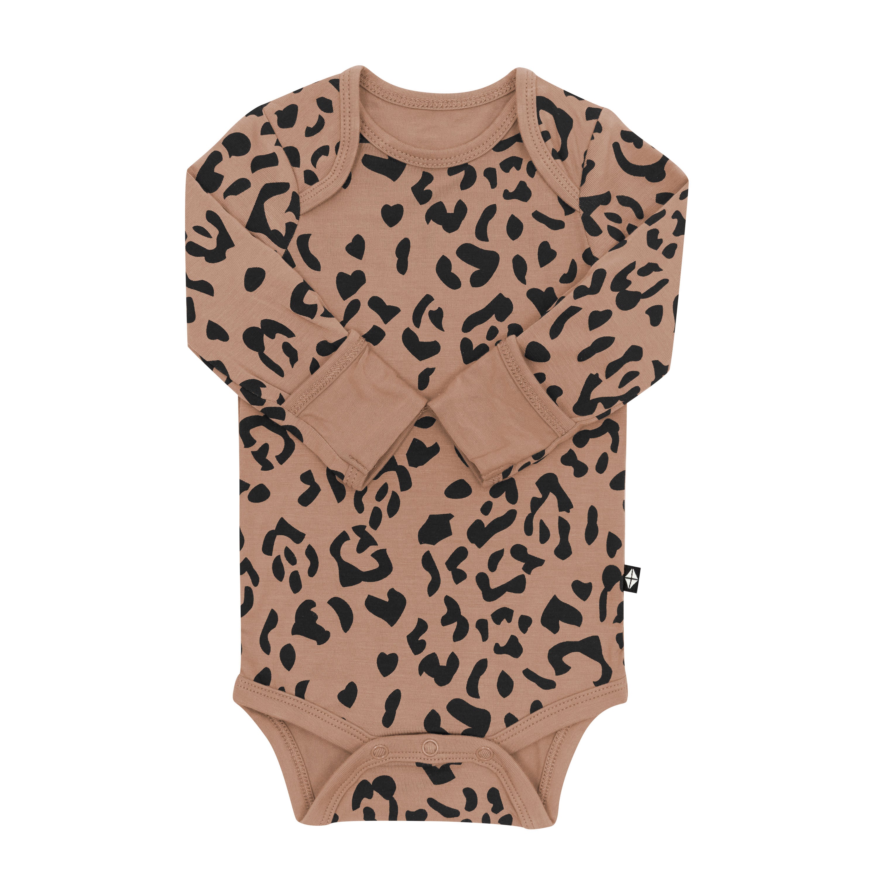 The arms folded into the center of the Long Sleeve Bodysuit in Latte Leopard showing the fold over hand cuffs