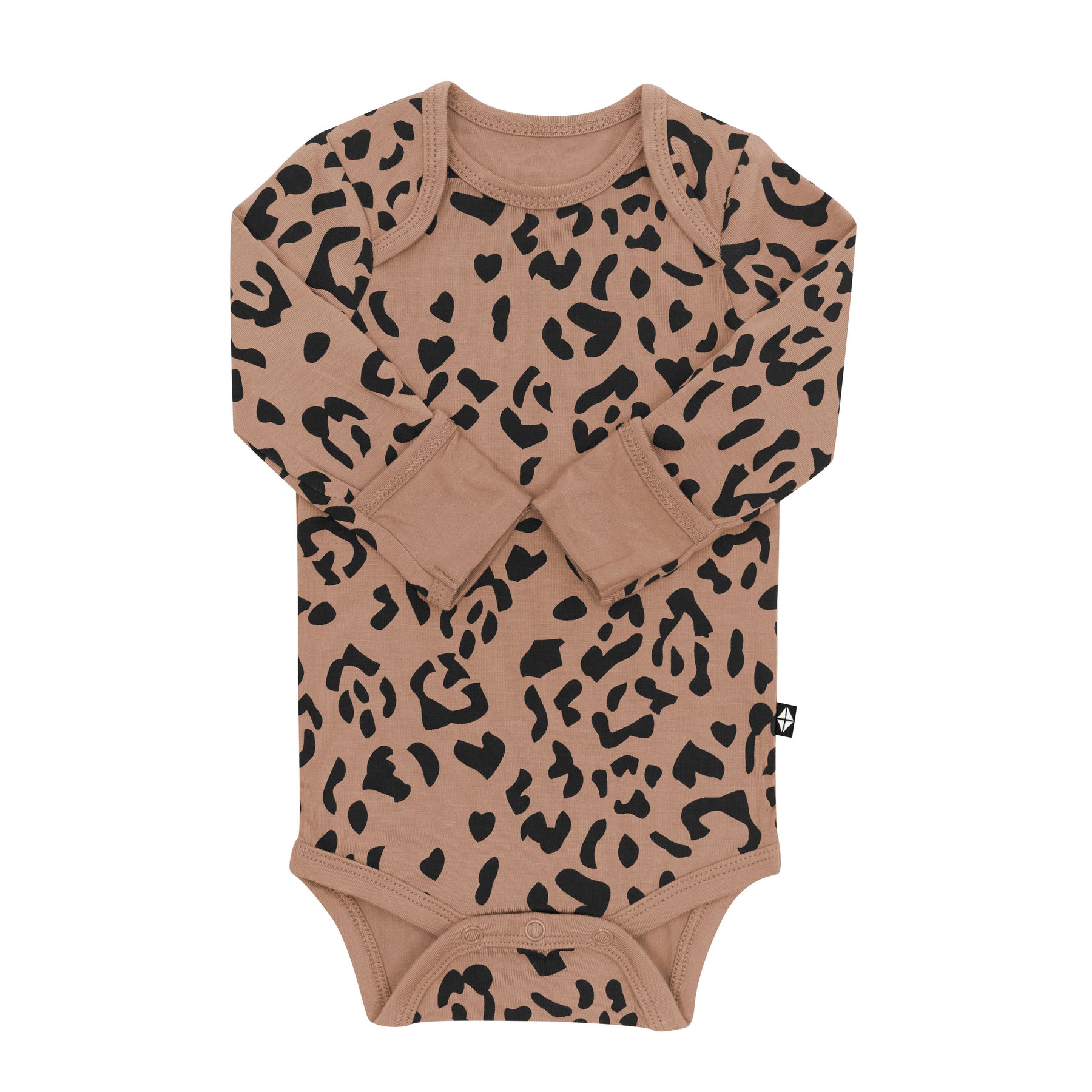 The arms folded into the center of the Long Sleeve Bodysuit in Latte Leopard showing the fold over hand cuffs