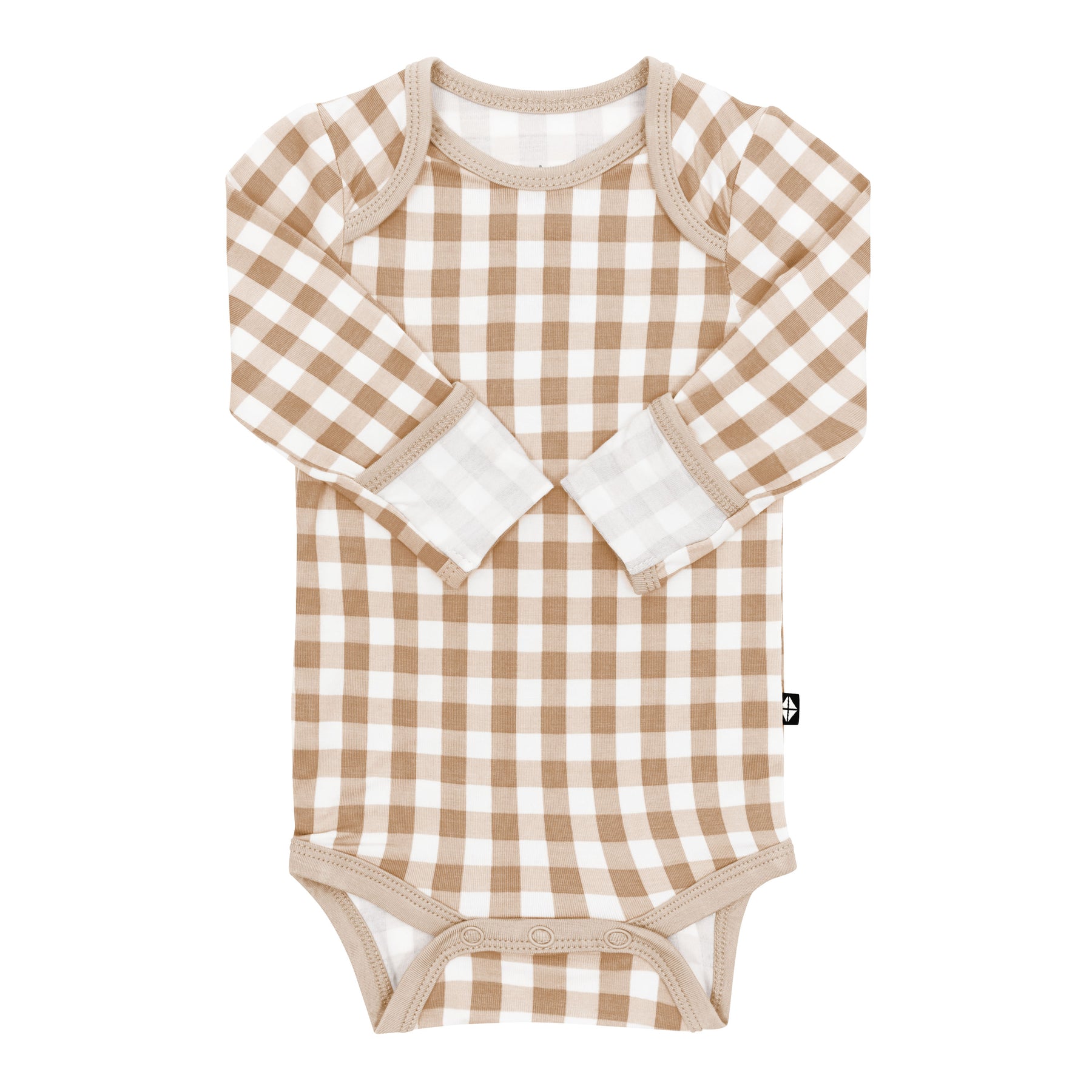 Product photo of the Long Sleeve Bodysuit in Gingham Bisque with the arms folded inwards showing the fold over hand cuffs