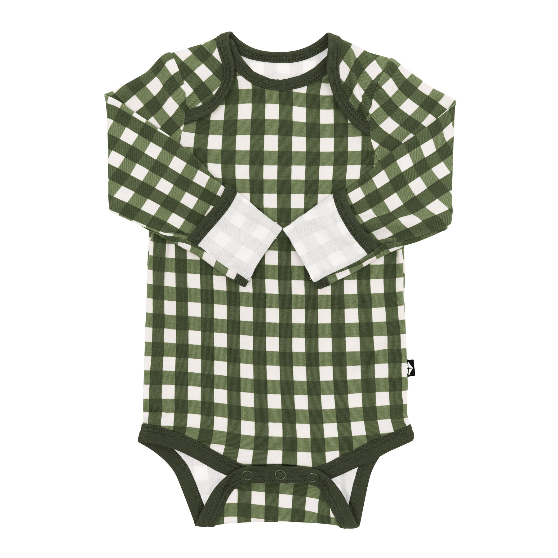 Product photo of the Long Sleeve Bodysuit in Gingham Fir with the arms folded inwards with the fold over hand cuffs visibe