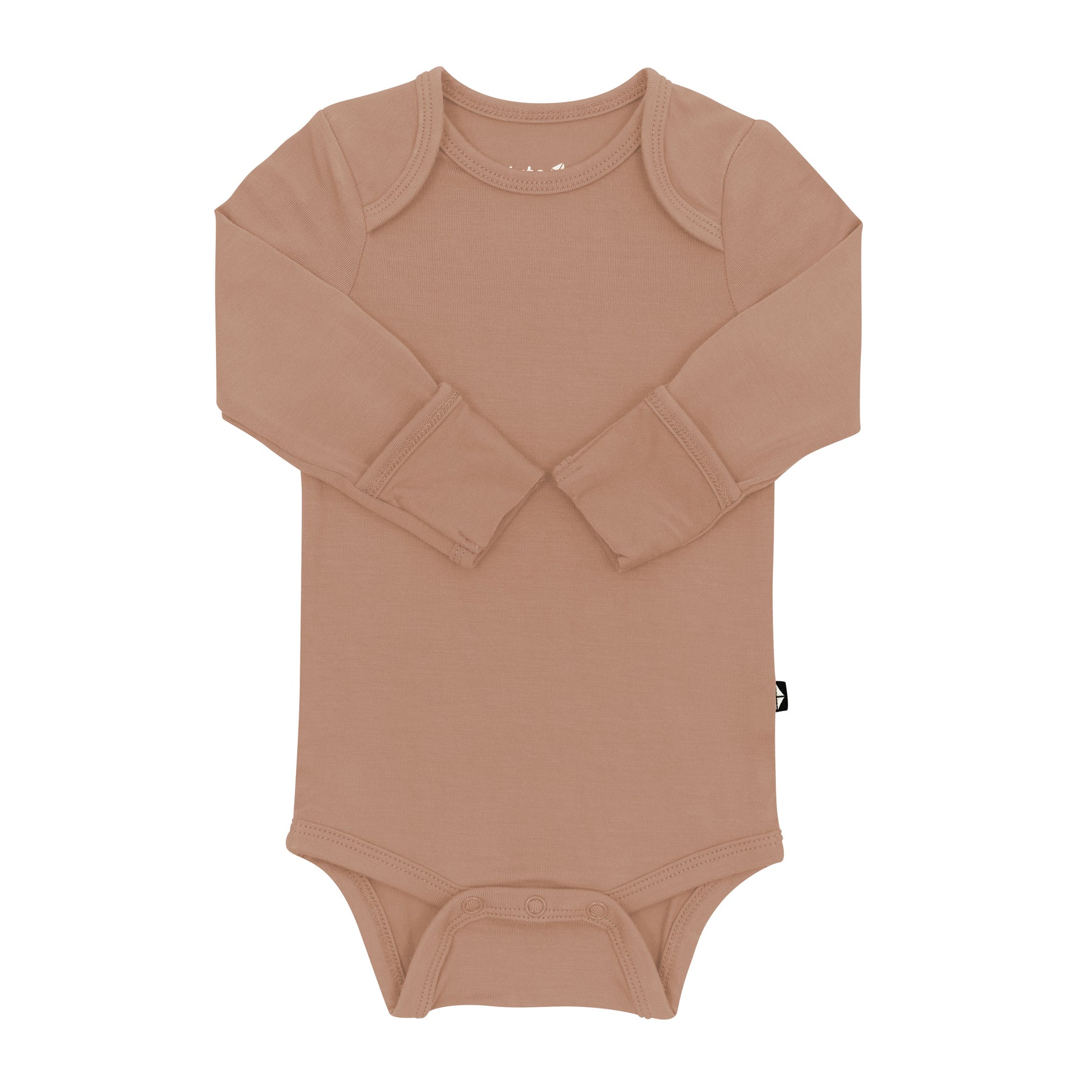 Long Sleeve Bodysuit in Latte with the arms folded inwards showing the fold over hand cuffs