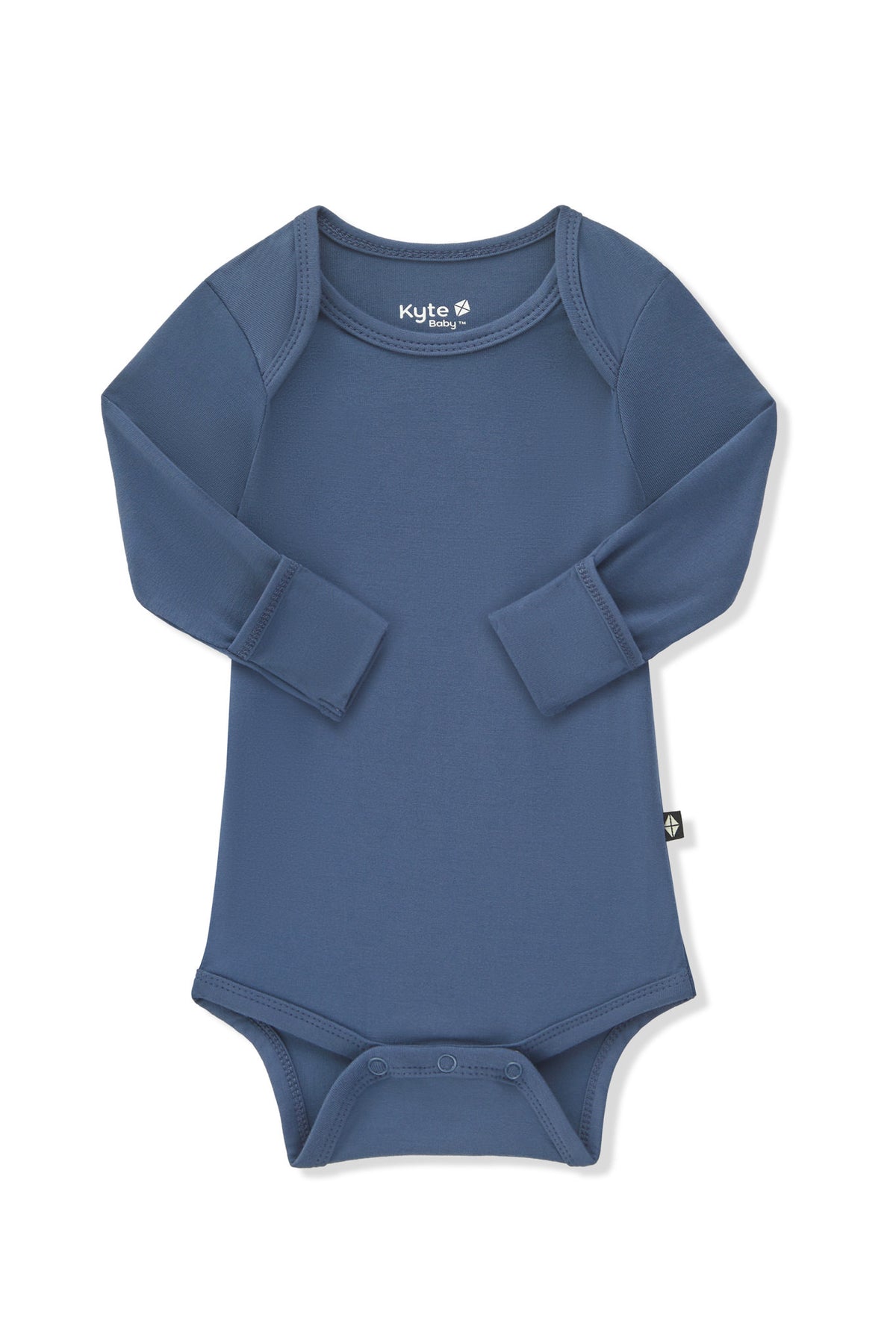 Arms of the Long Sleeve Bodysuit in Oxford folded inward showing the fold over hand cuffs on a white background