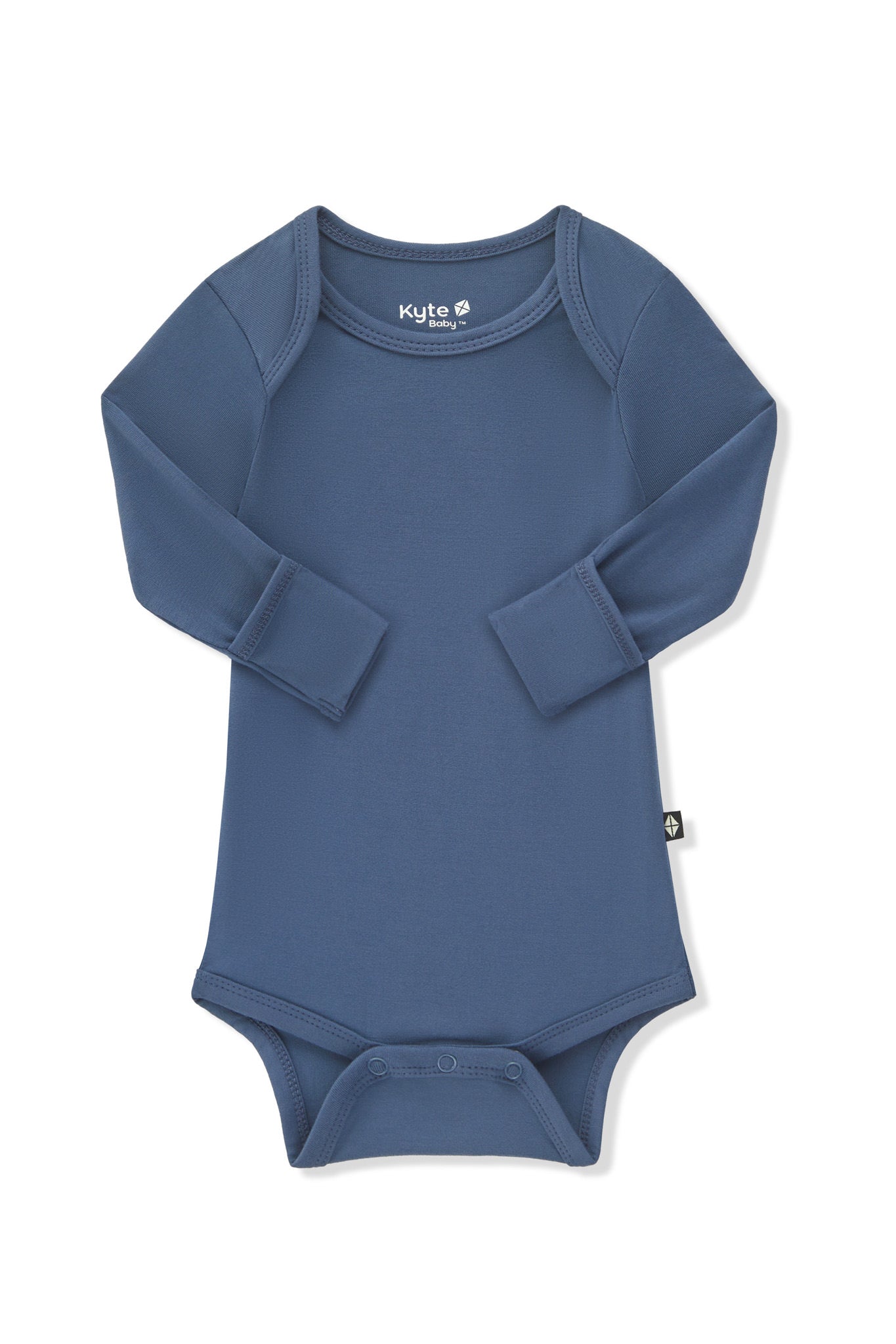 Arms of the Long Sleeve Bodysuit in Oxford folded inward showing the fold over hand cuffs on a white background