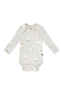 Long Sleeve Bodysuit in Oat Silly Goose print on a white background