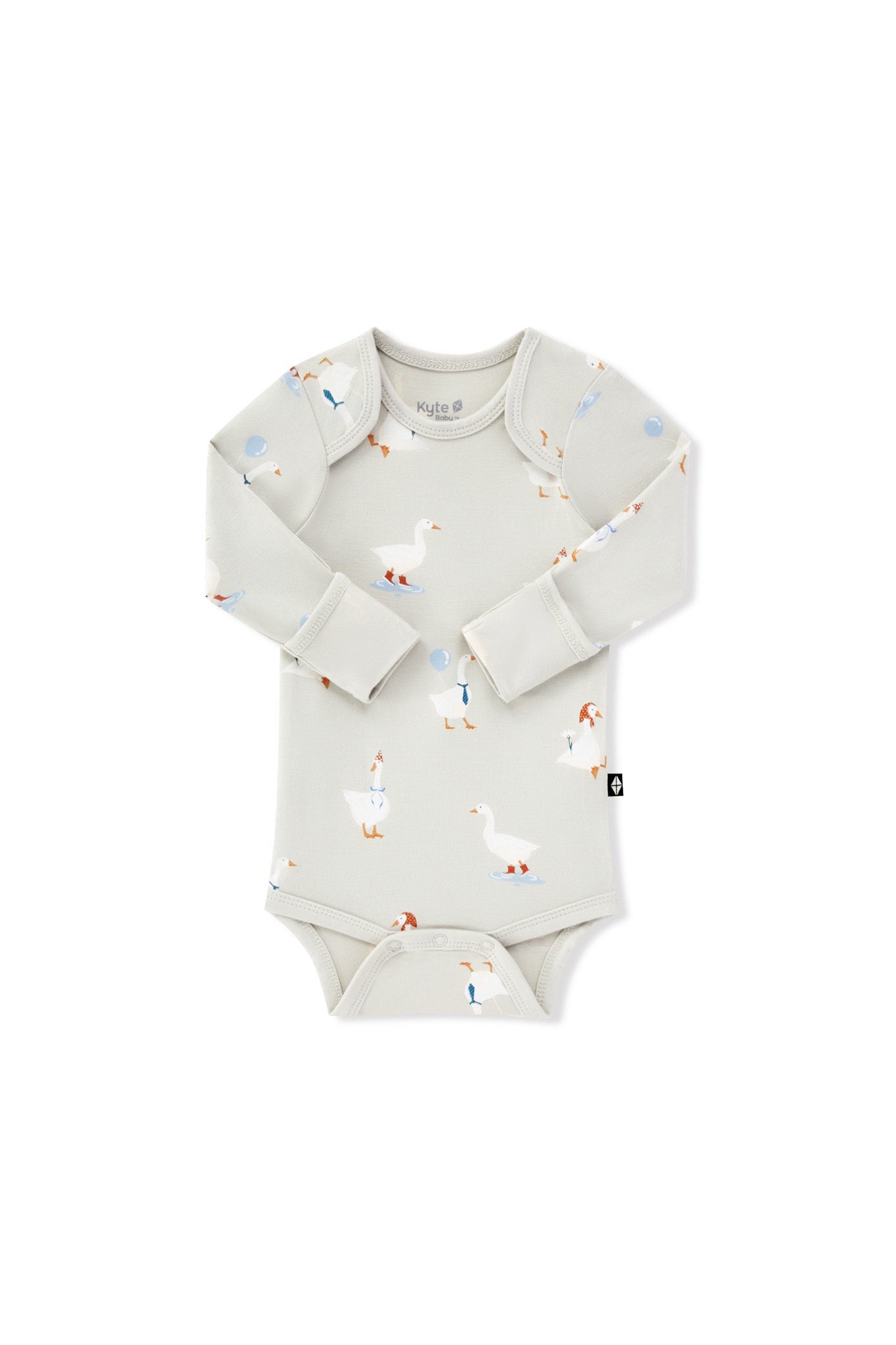 Long Sleeve Bodysuit in Oat Silly Goose print with folded sleeves on a white background