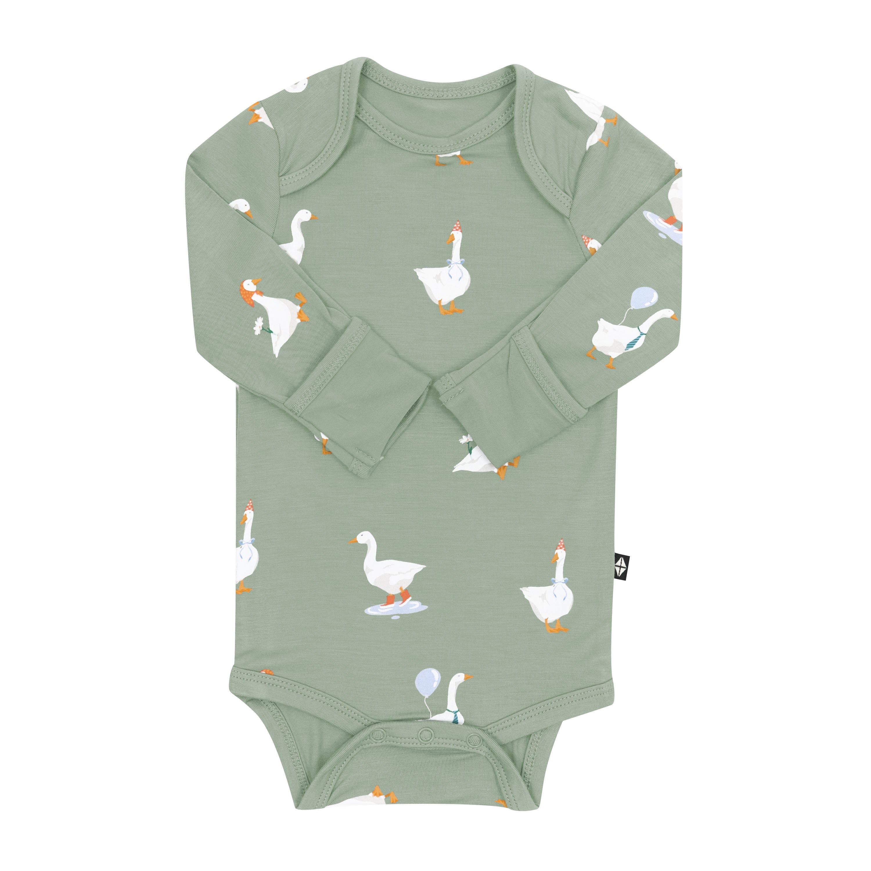 Product photo of the Long Sleeve Bodysuit in Silly Goose with the arms folded inward