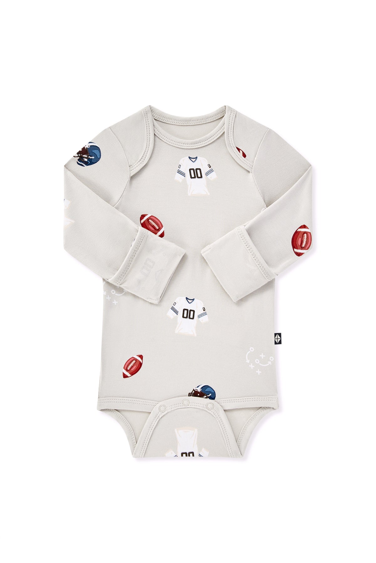 Long Sleeve Bodysuit in Vintage Football print with folded sleeves on a white background