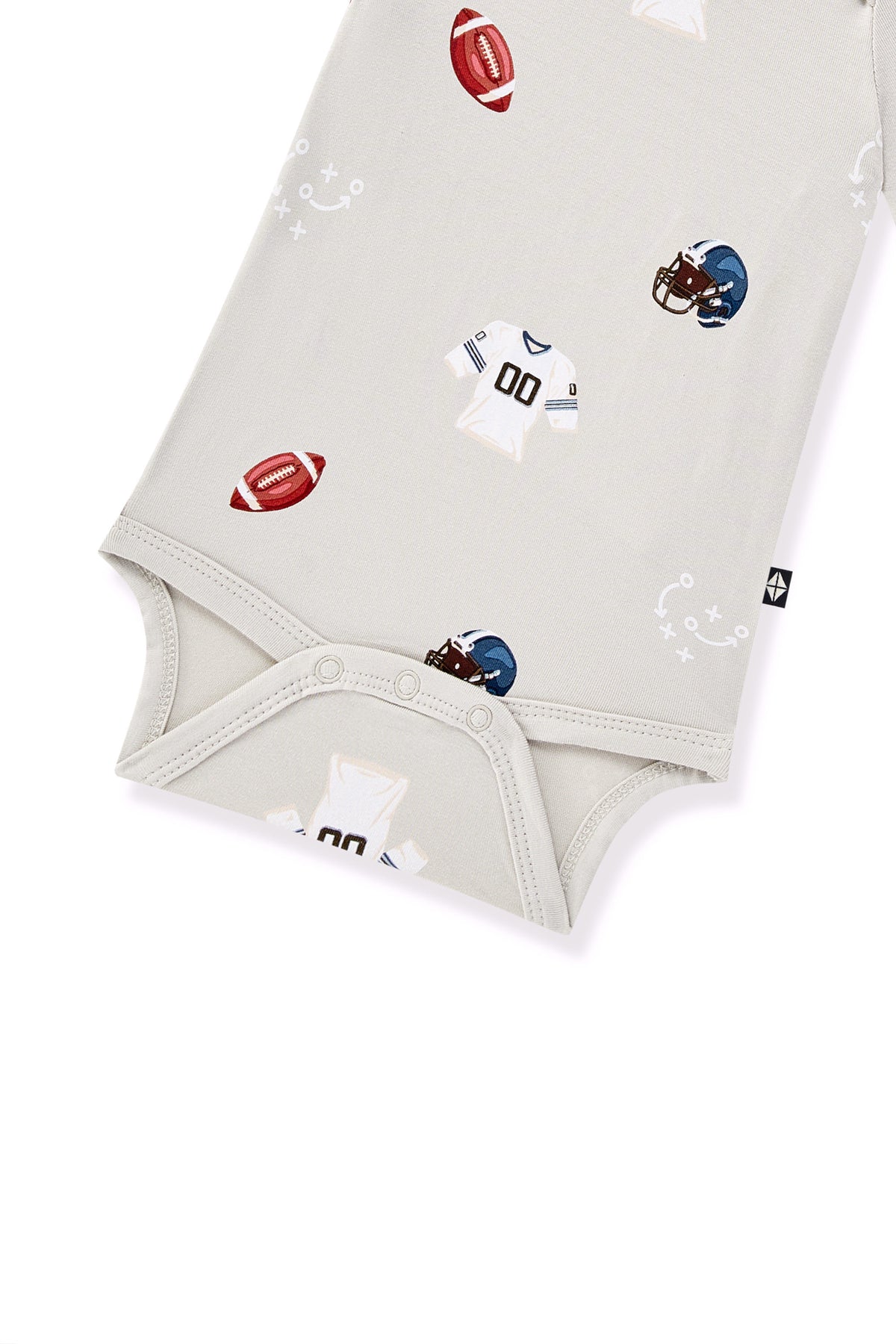 Long Sleeve Bodysuit in Vintage Football with snap buttons on a white background